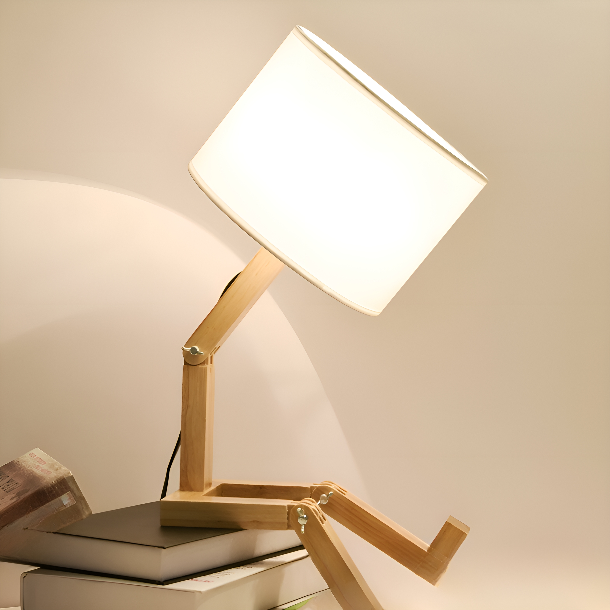 Holzlampe auf Büchern, mit weißem Lampenschirm.