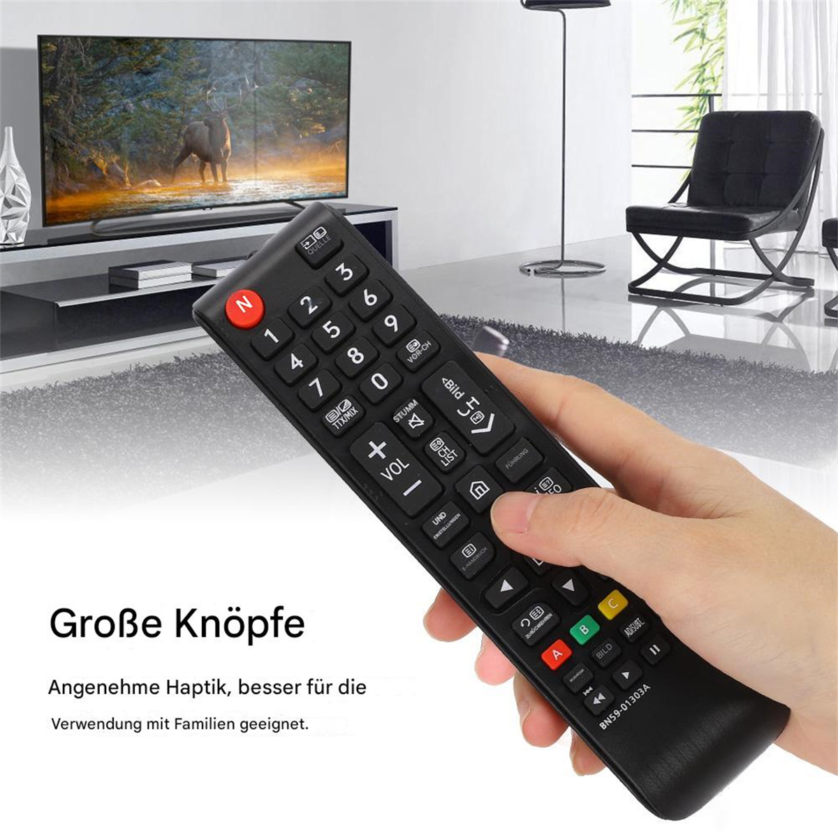 Eine Hand hält eine schwarze Fernbedienung mit großen Tasten. Text: „Große Knöpfe“ und weiterer deutscher Text.