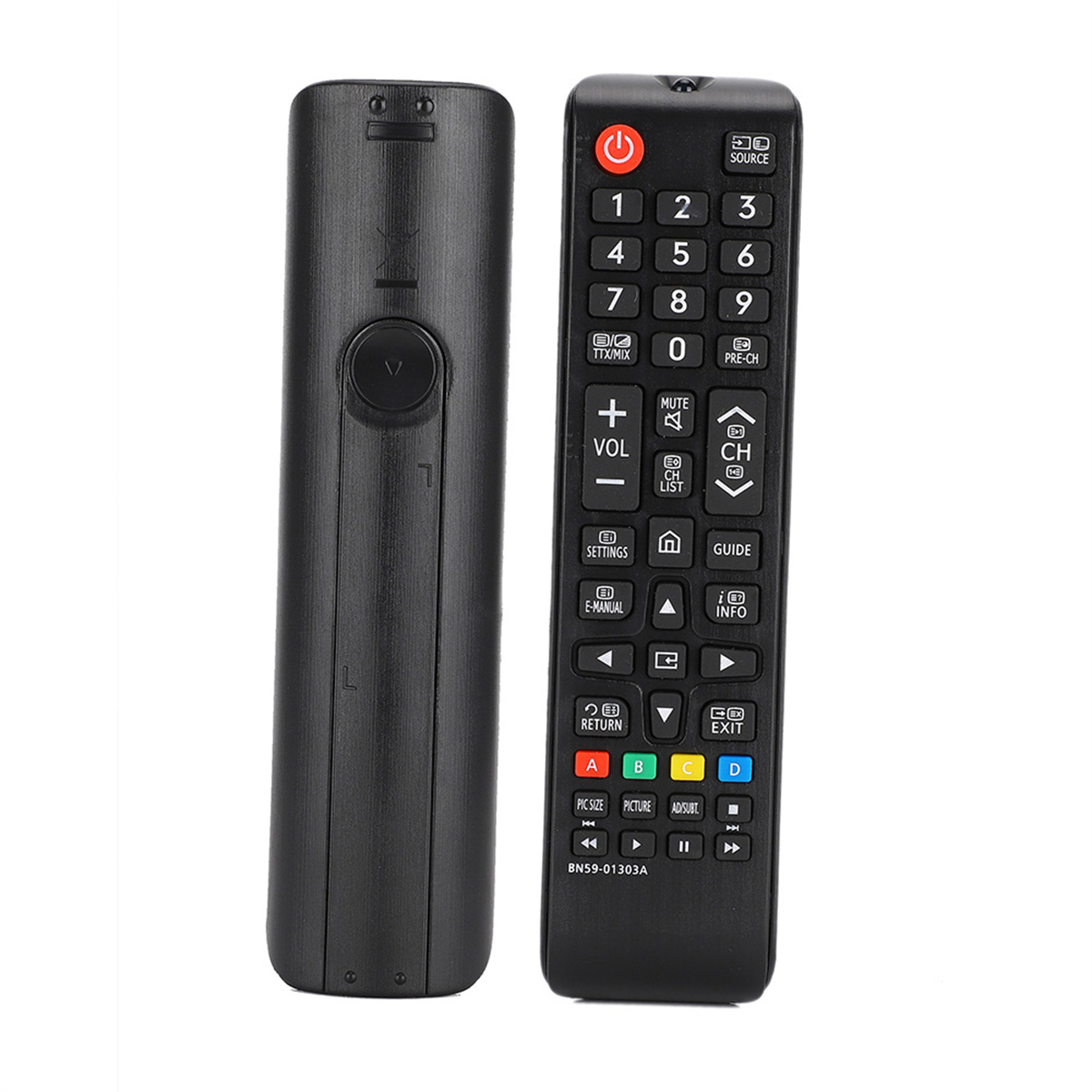 Schwarze Samsung TV-Fernbedienung, mit Tastenanordnung auf Vorder- und Rückseite.