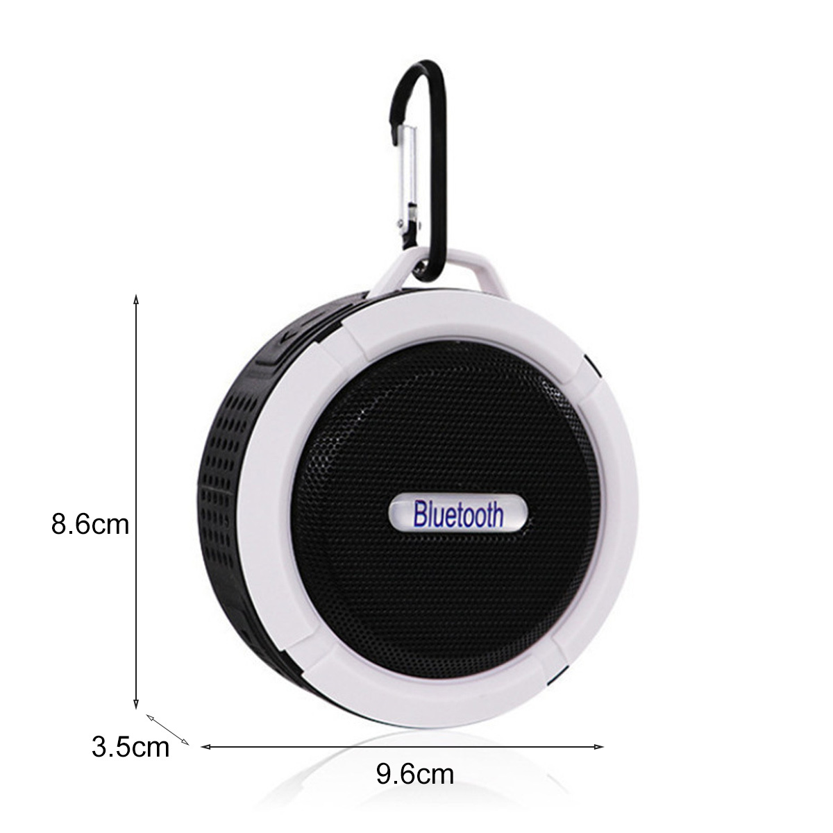 Ein schwarz-weißer Bluetooth-Lautsprecher mit Karabinerhaken, Abmessungen beschriftet.