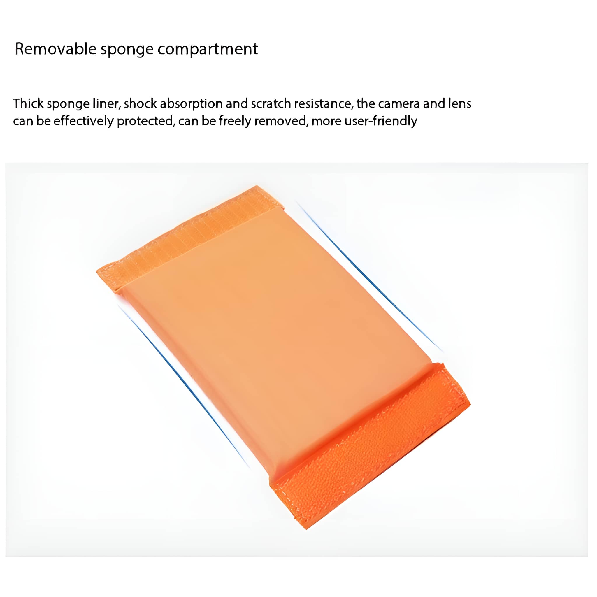 Orangener Schwammbehälter in einem Gehäuse vor weißem Hintergrund.