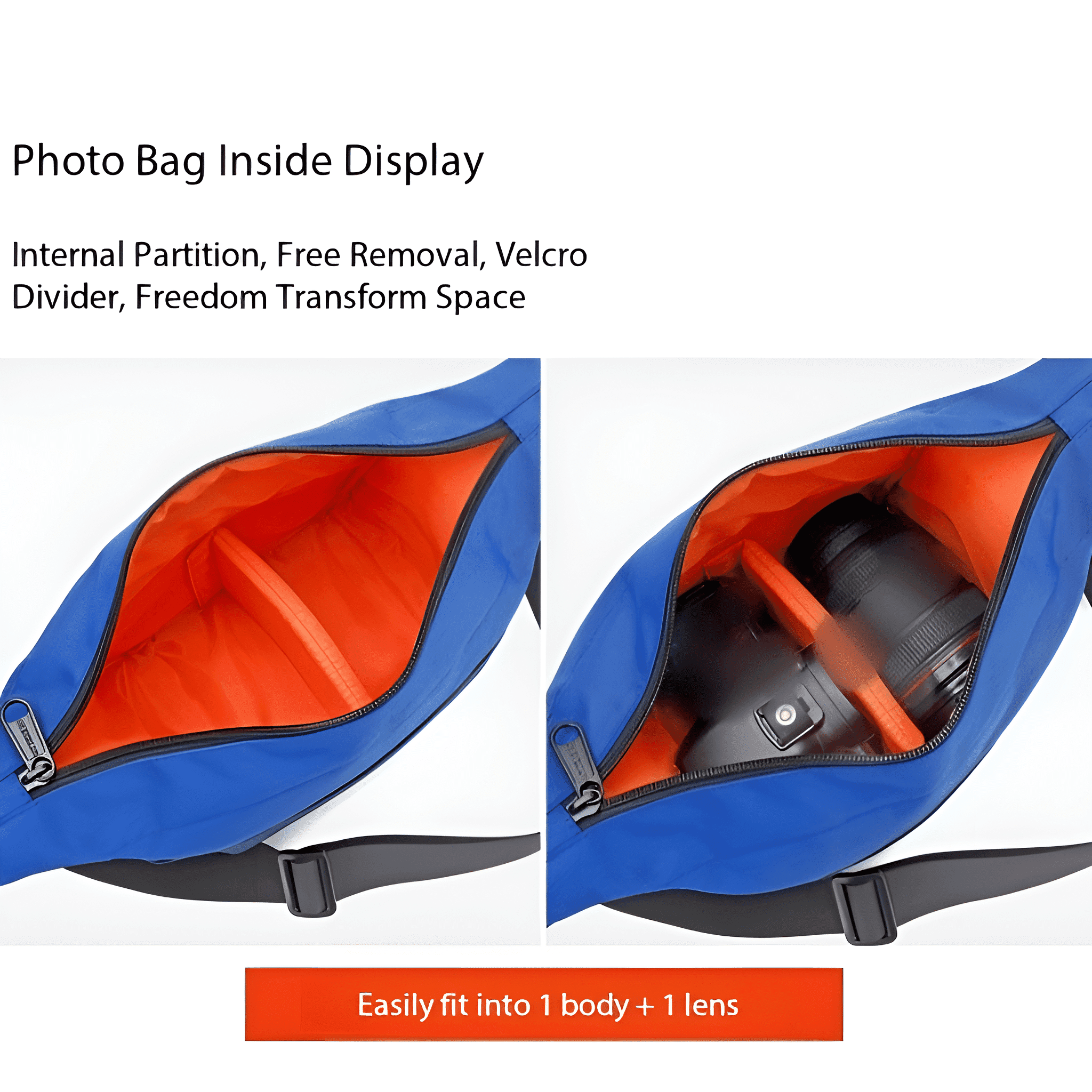 Das Innere einer blauen Kameratasche, zeigt Kamera und Objektive. Die Tasche hat orangefarbene Trennwände.