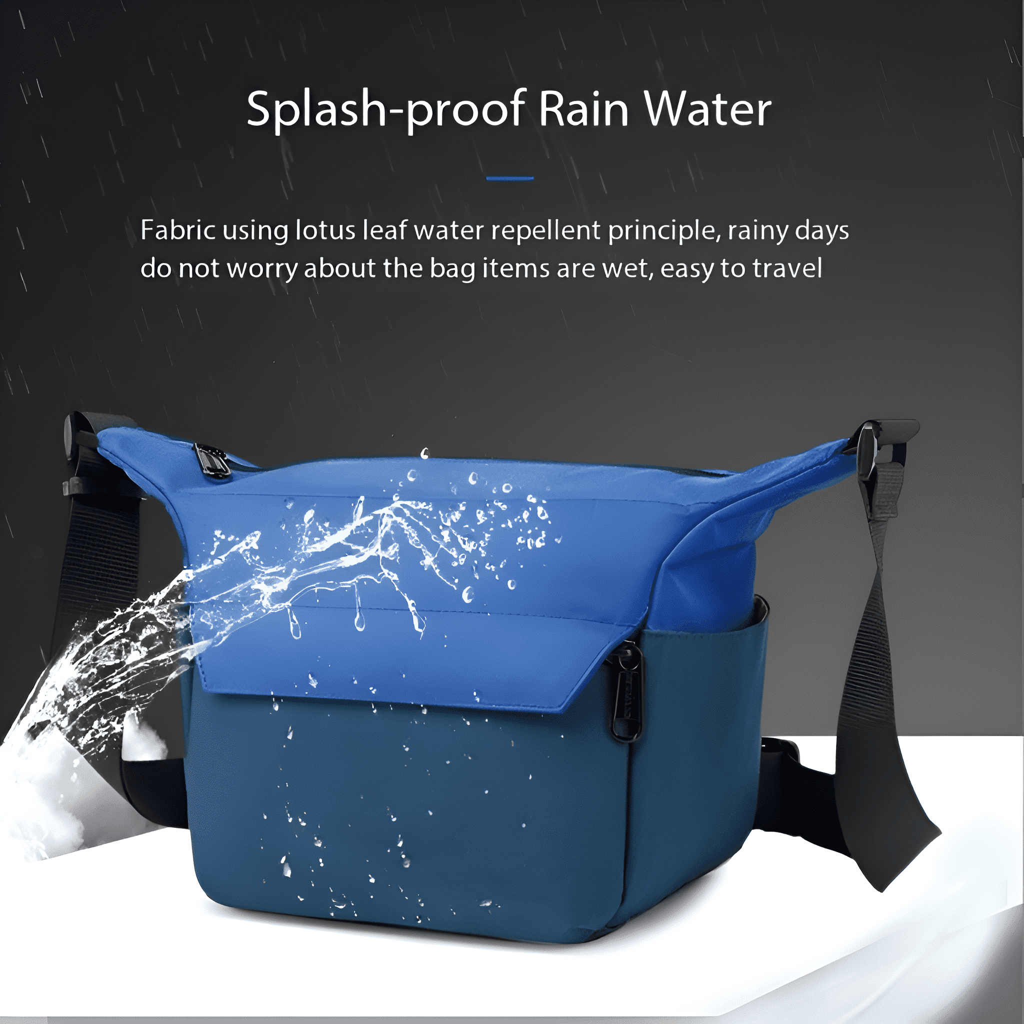 Blaue Umhängetasche mit Wasserspritzern und Text: Spritzwassergeschütztes Regenwasser.