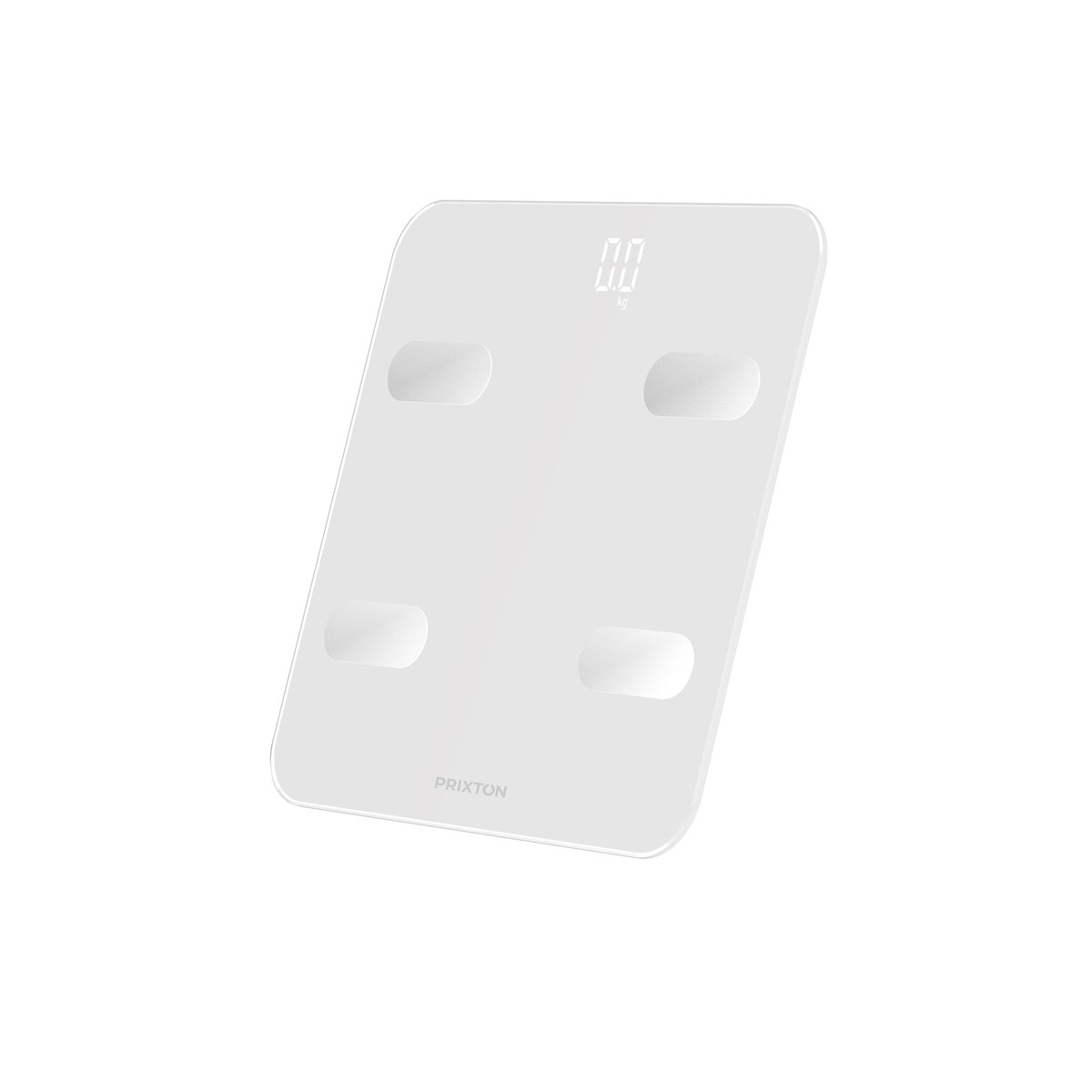 Biała cyfrowa waga łazienkowa z czterema kwadratowymi czujnikami i wyświetlaczem cyfrowym.