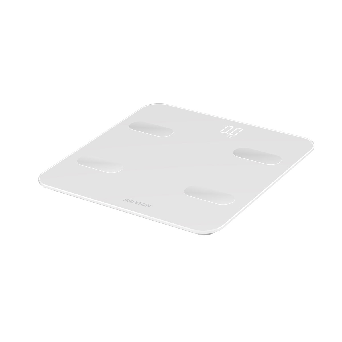 Biała waga cyfrowa z czterema obszarami, marka Prixton, na białym tle.