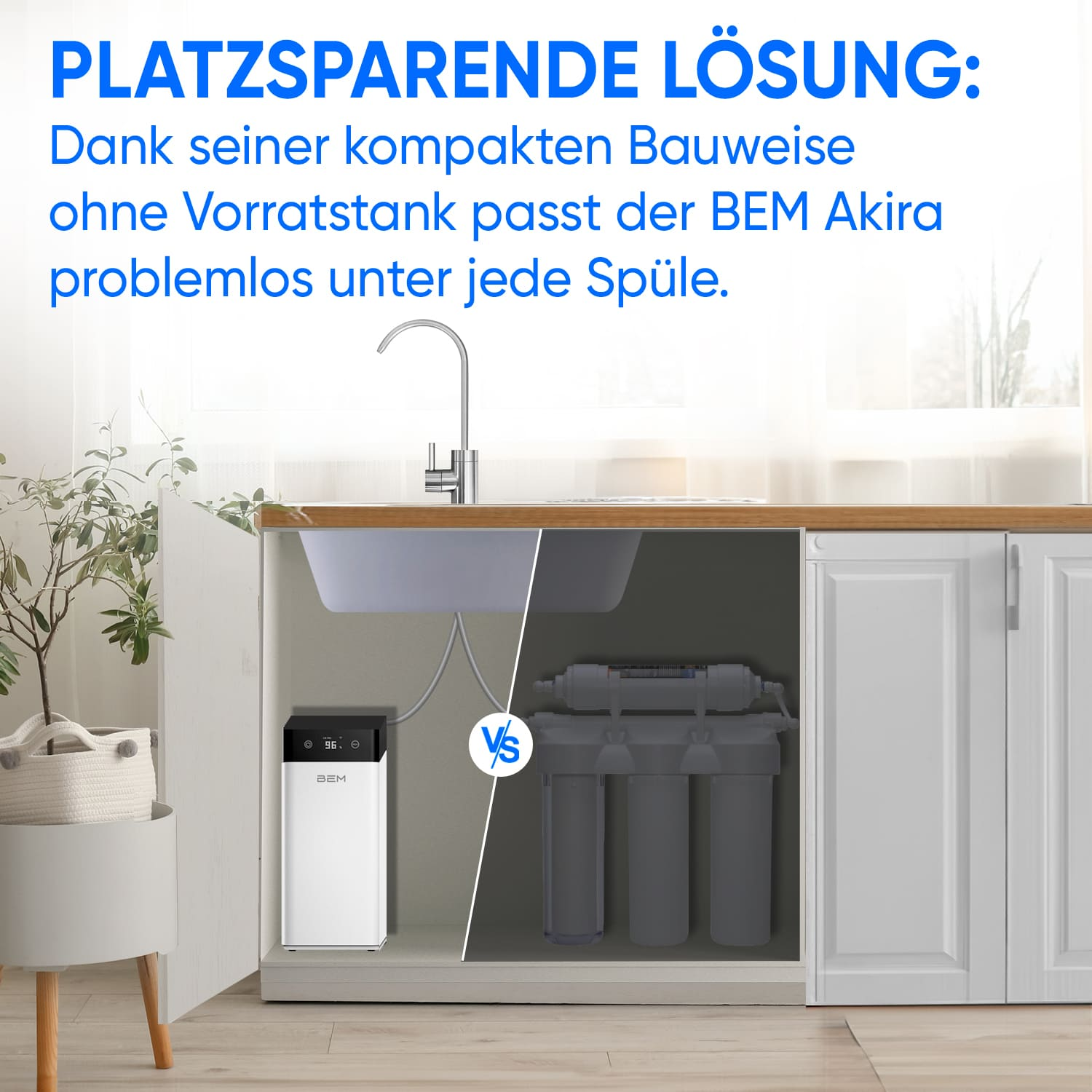 Küchenszene: weißer Schrank, Spüle und Filtersystem. Text: Kompaktes Design passt unter die Spüle.