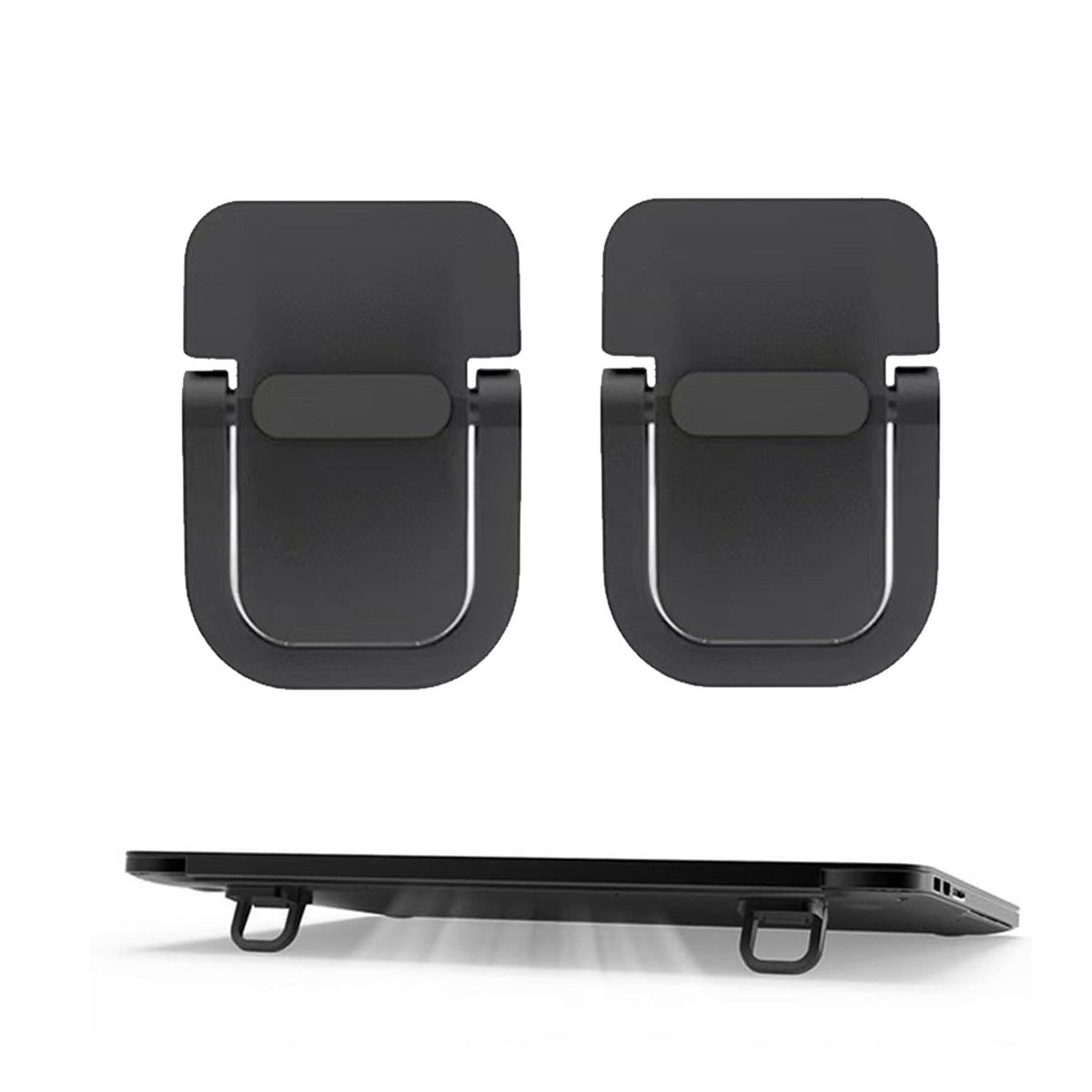 Zwei schwarze Laptop-Ständer mit Falt-Design. Einer von oben, einer schräg betrachtet.