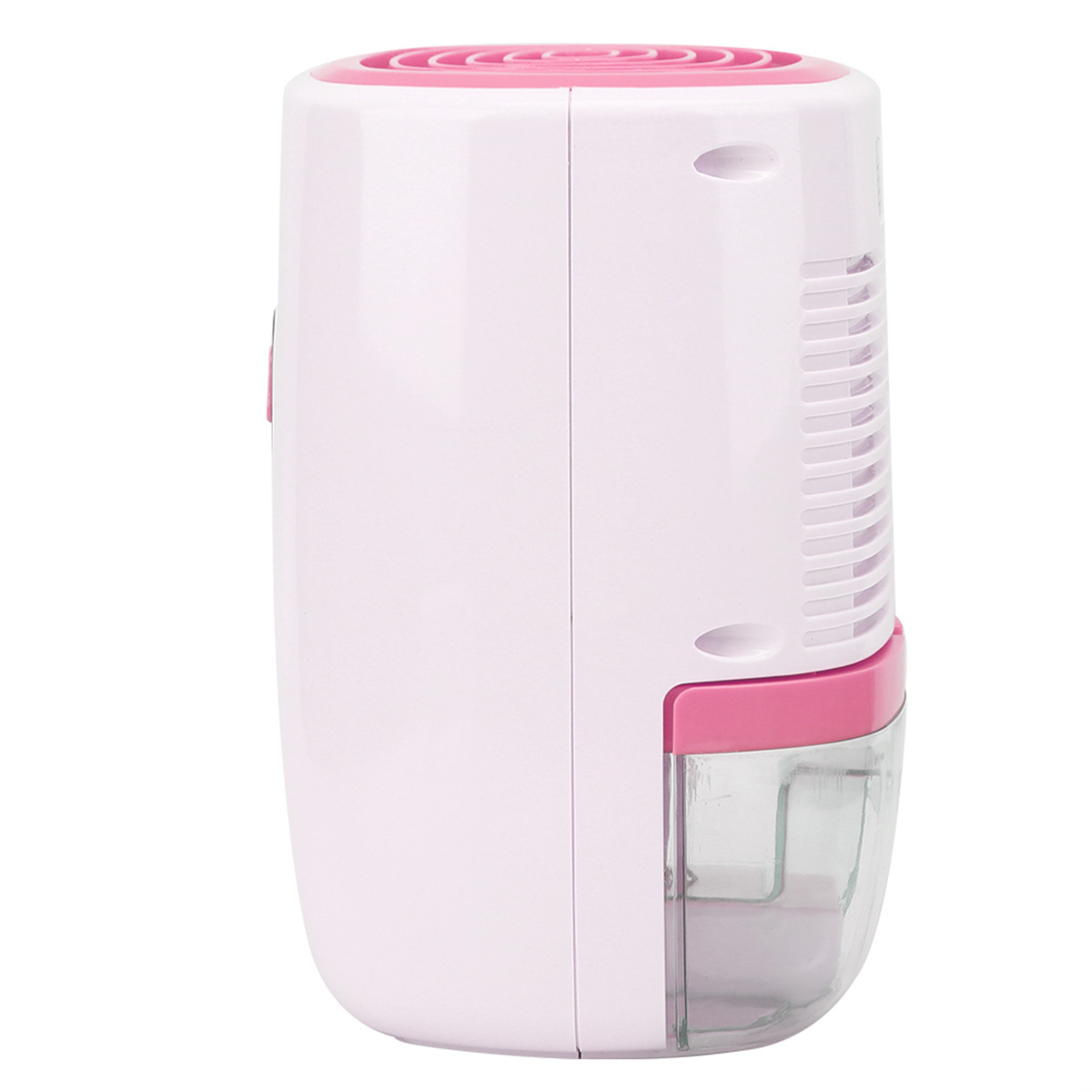 Ein weißer und rosa Luftentfeuchter mit Wassertank. Er ist hoch und hat ein Gitter an der Seite.