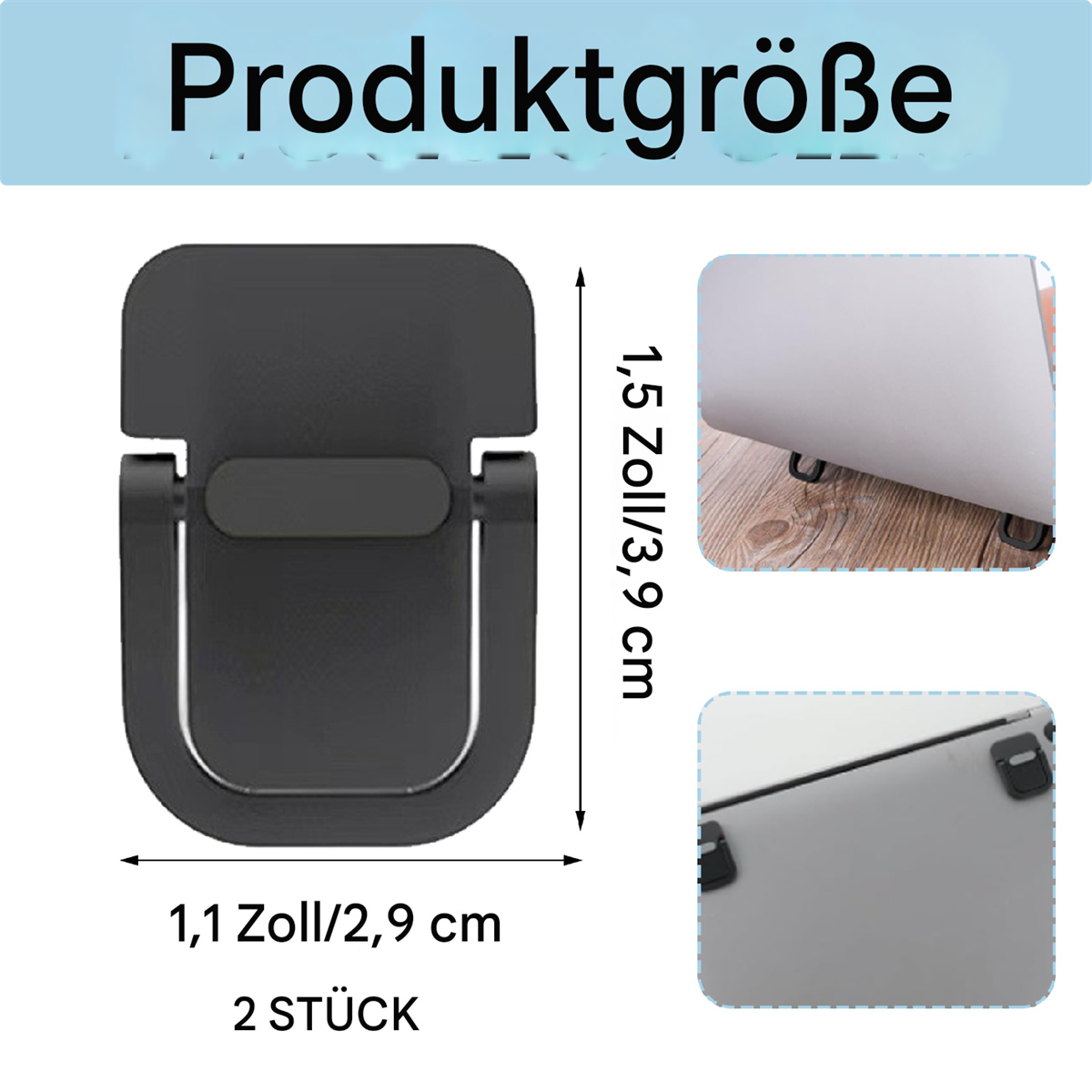 Produktabmessungen werden mit einem schwarzen Tablet-Ständer und einem Tablet auf weißem Hintergrund gezeigt.