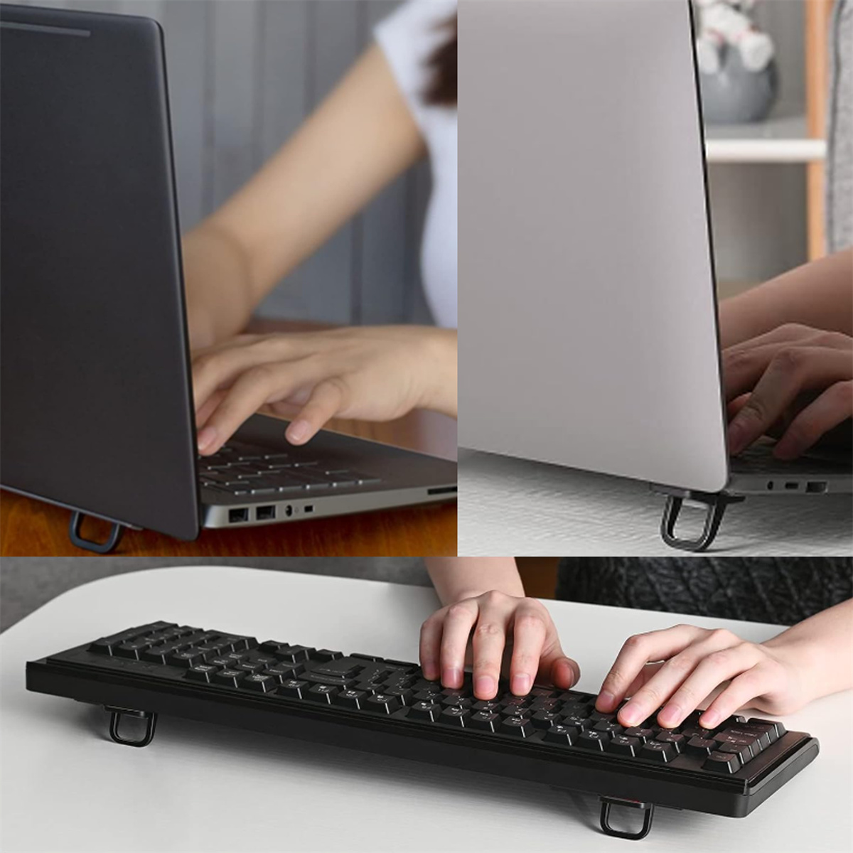 Zwei Laptops stehen auf einer weißen Oberfläche. Eine Tastatur befindet sich darunter. Hände tippen. Schwarze Laptop-Ständer.