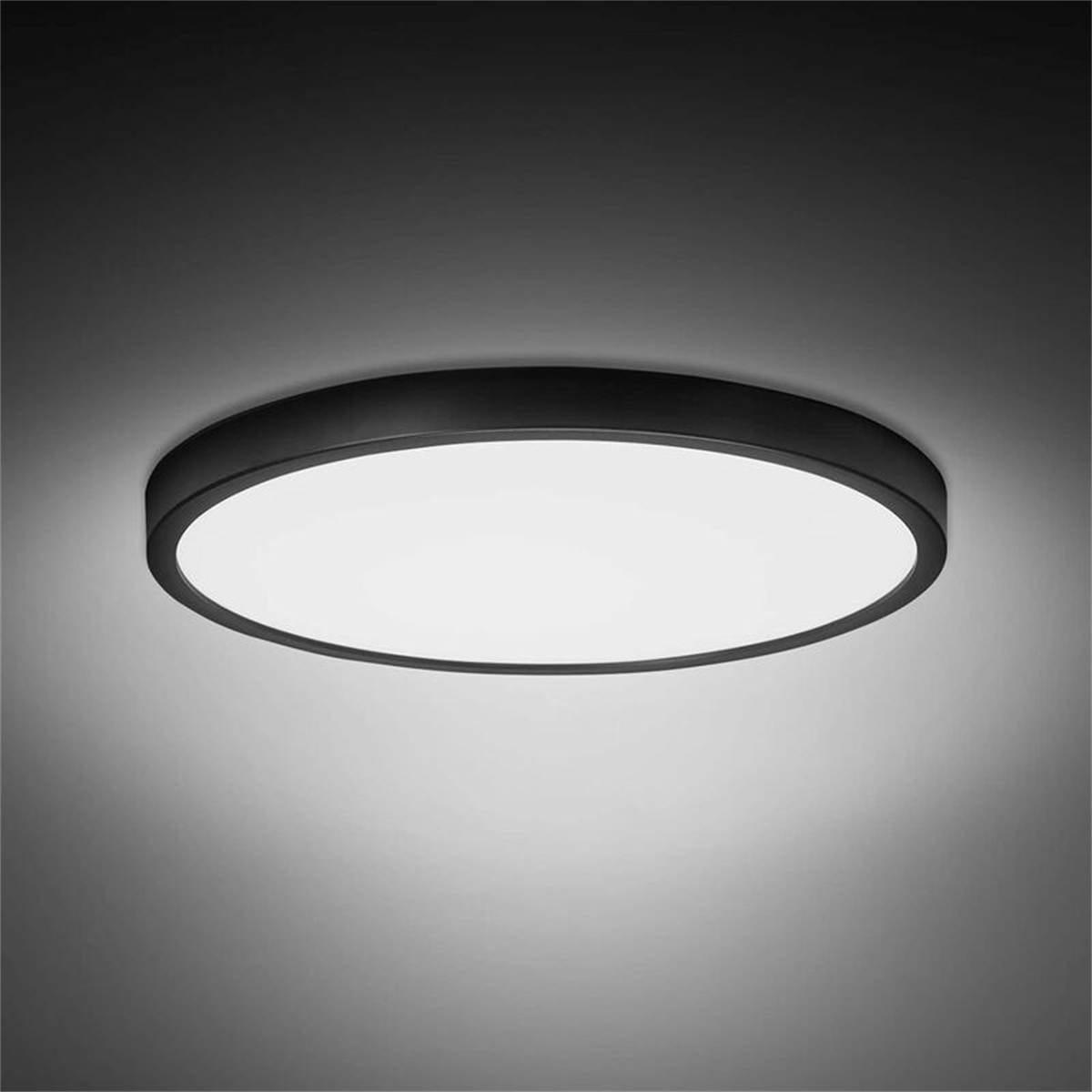 Ein schwarzes, kreisförmiges Deckenlicht vor dunklem, grauem Hintergrund.