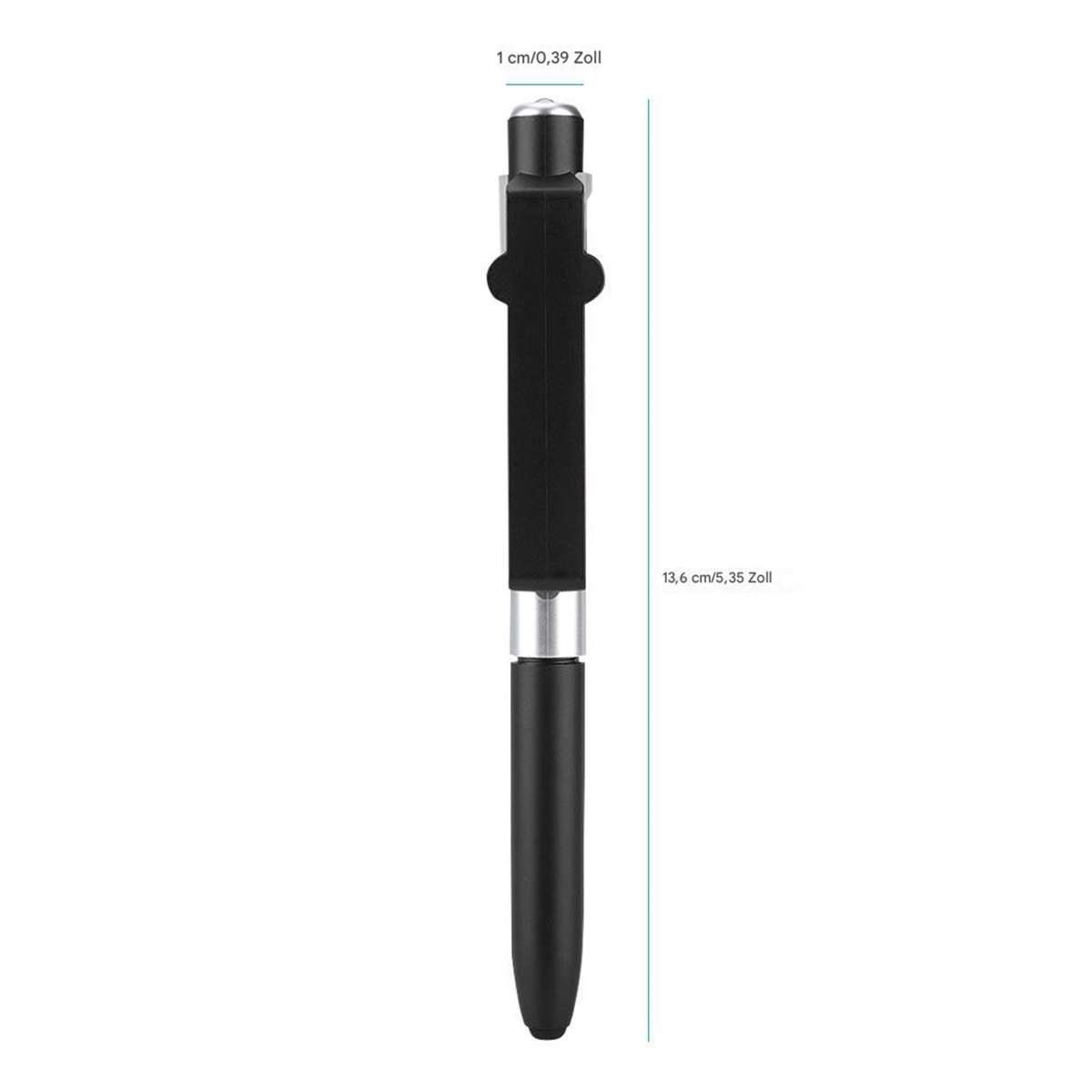 Schwarzer Stylus-Stift mit Maßen in Zentimetern und Zoll.