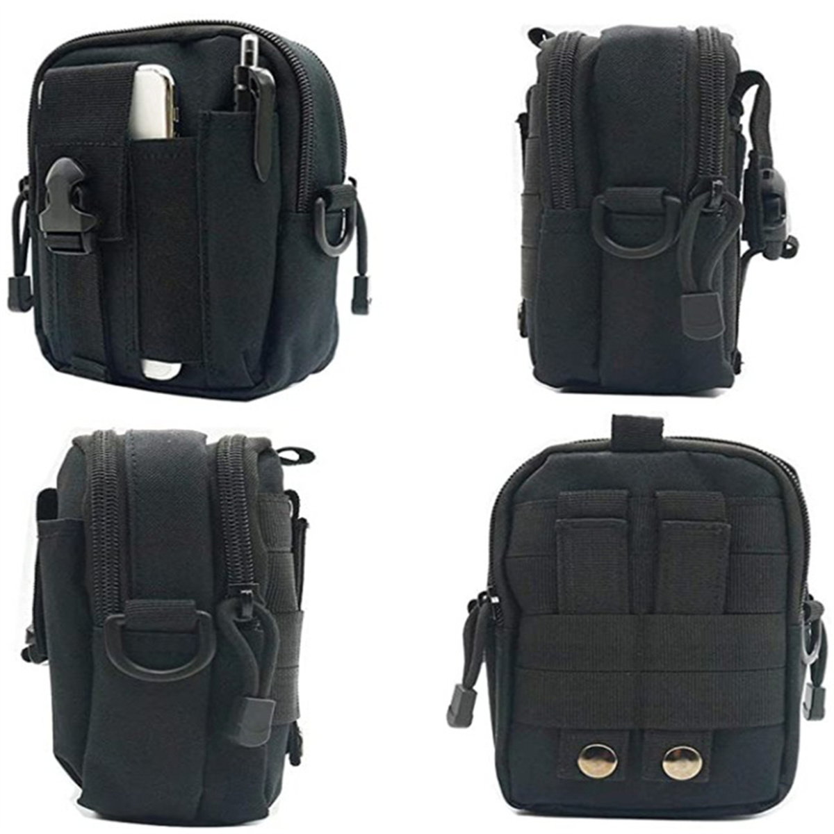 Schwarze taktische Tasche mit mehreren Fächern und Riemen.
