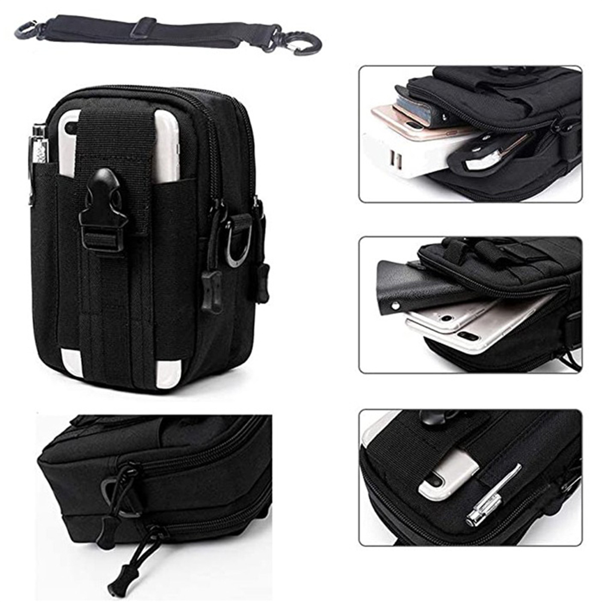 Schwarze Bauchtasche mit mehreren Fächern. Mit einem weißen Streifen und einem abnehmbaren Schultergurt.