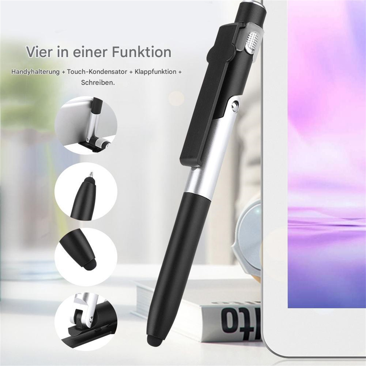 Schwarzer und silberner Stift mit mehreren Spitzen und Halter. In der Nähe des Telefons.