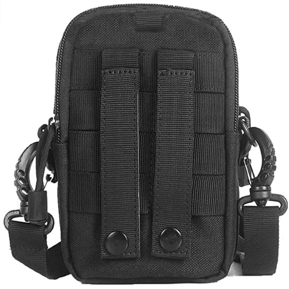 Schwarze taktische Molle-Tasche. Verfügt über mehrere Riemen, Schlaufen und zwei Karabinerhaken.
