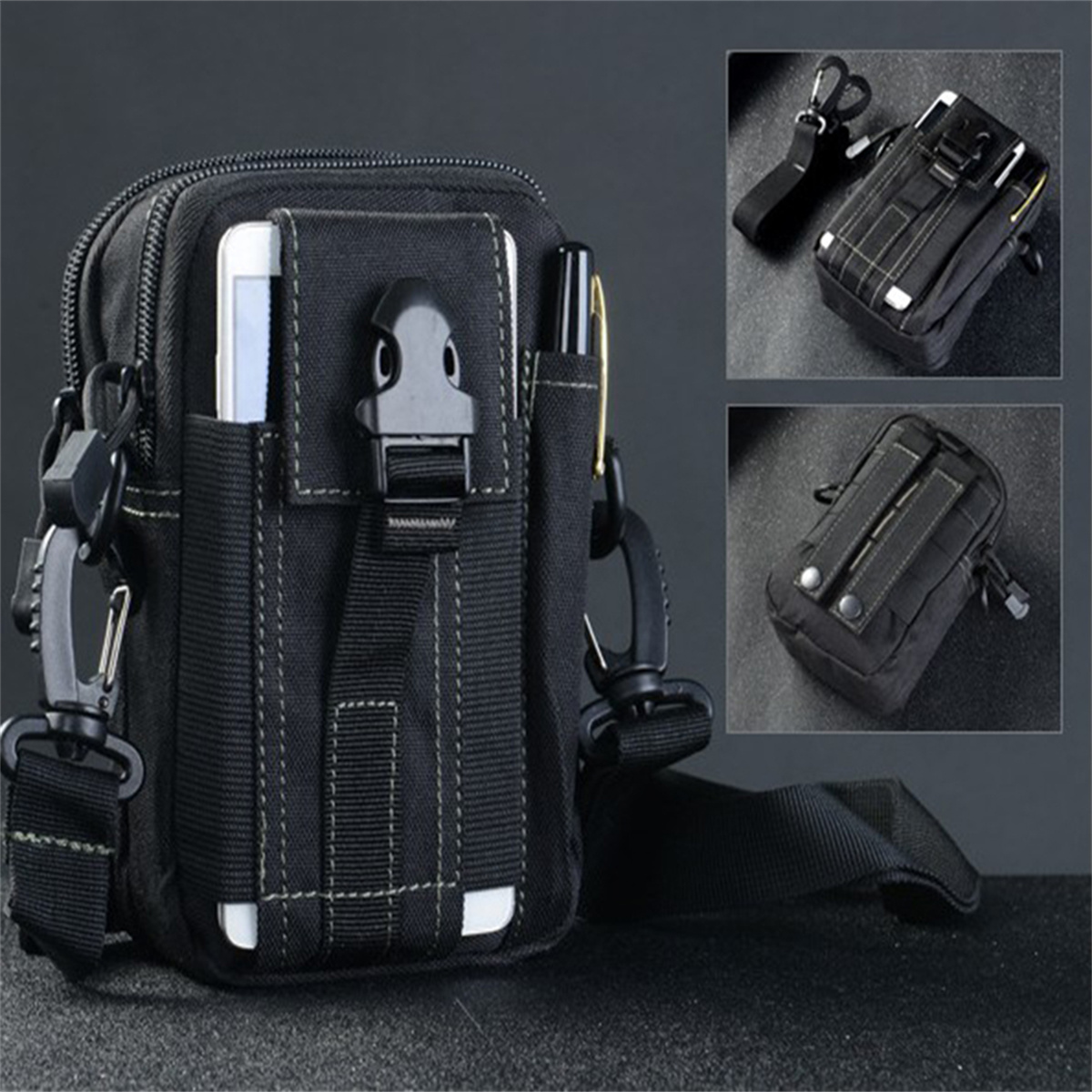 Eine schwarze Tasche mit mehreren Fächern. Sie hat einen Gurt und ein Telefon in der Vordertasche.