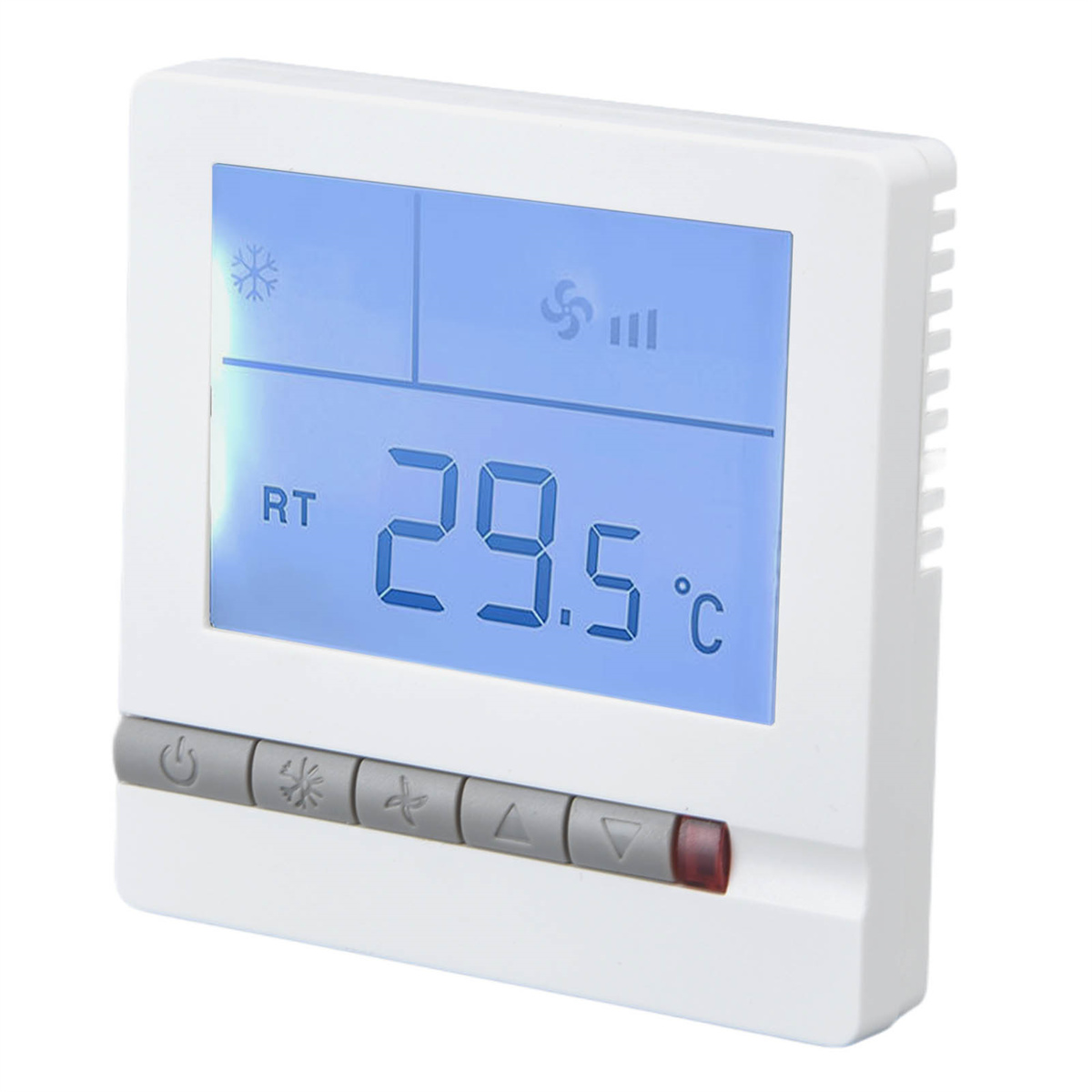 Weißer Thermostat mit blauem Display, das 29,5°C anzeigt, Tasten unten. Schneeflocken-Symbol.