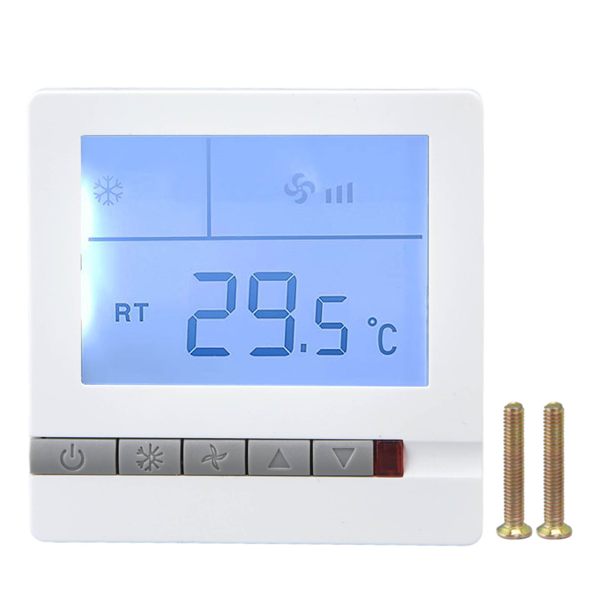 Ein weißes digitales Thermostat mit blauem Display, das 29,5 °C anzeigt. Daneben zwei goldene Schrauben.