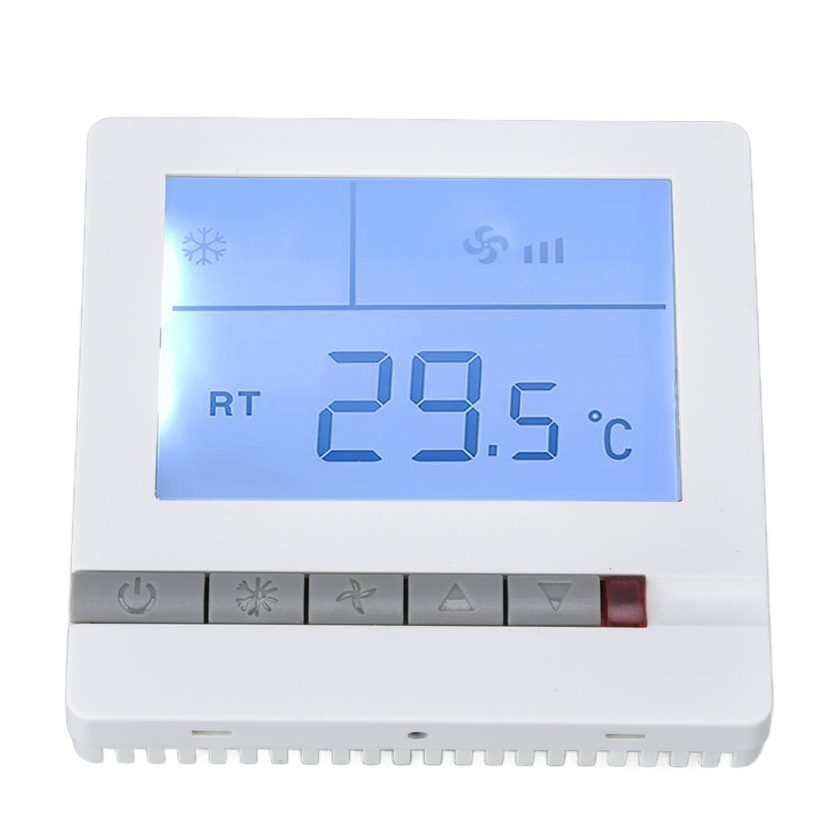 Ein weißer Thermostat mit Digitalanzeige, die 29,5 Grad Celsius zeigt. Graue Knöpfe darunter.