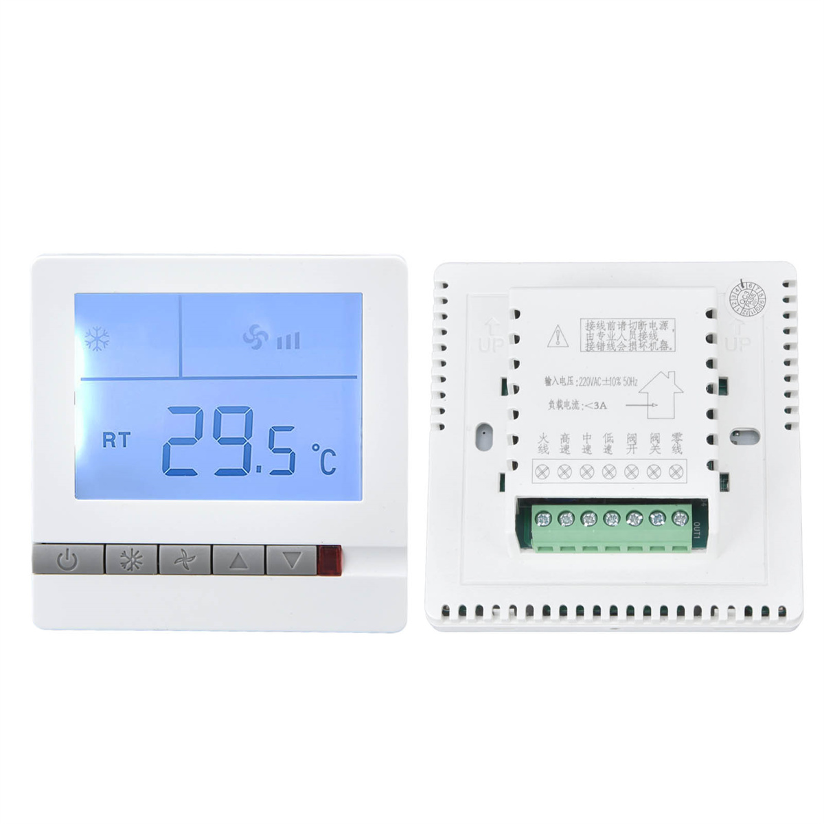 Ein weißes Thermostat mit Digitalanzeige, die 29,5 °C anzeigt. Es hat Knöpfe und Anschlüsse auf der Rückseite.