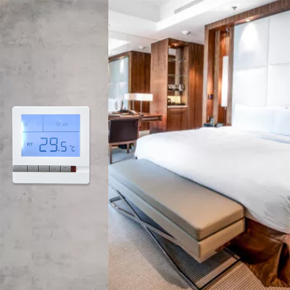 Ein weißes Thermostat mit digitaler Anzeige. Ein Hotelzimmer ist im Hintergrund.