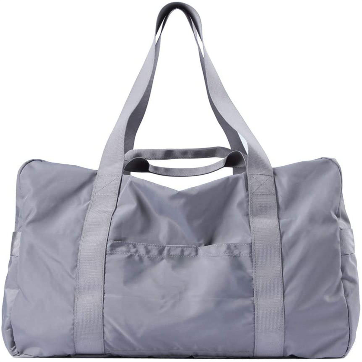 Graue Reisetasche mit zwei Griffen und zwei Trägern. Die Tasche ist leer und offen.