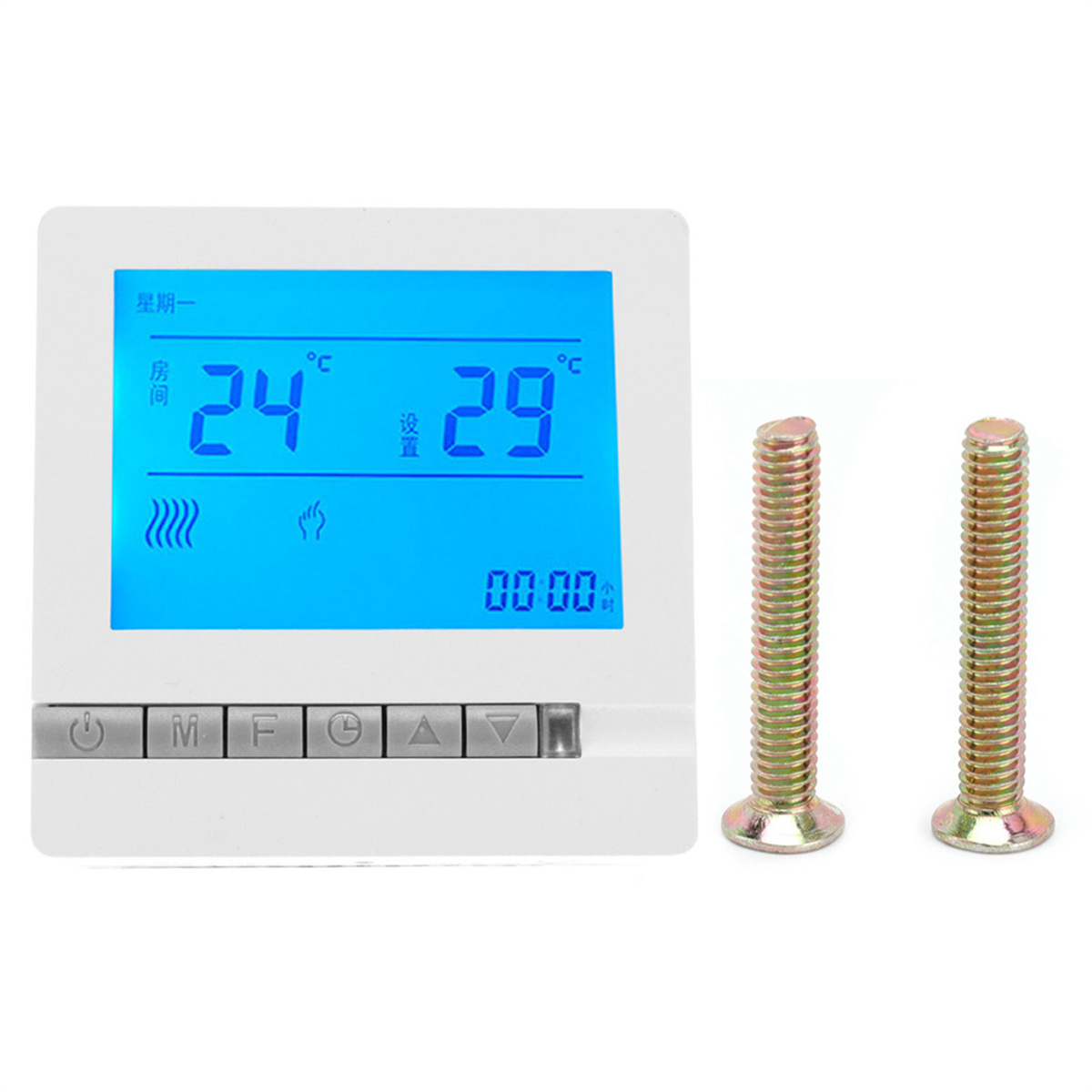 Ein digitales Thermostat zeigt 24 und 29 Grad an. Zwei Schrauben daneben.