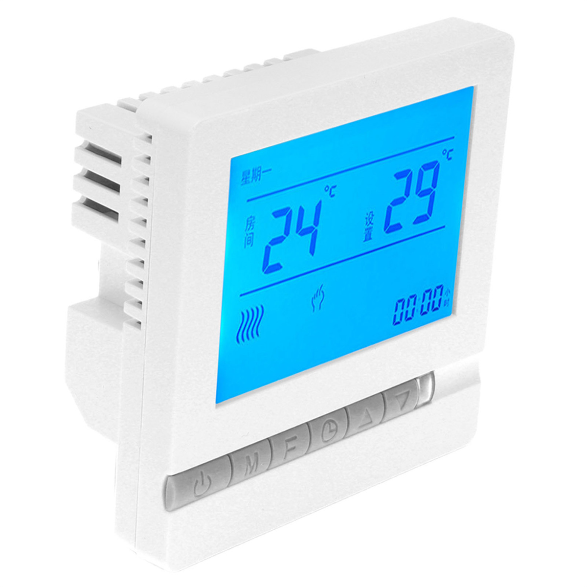 Ein weißer Thermostat mit blauem Display, das die aktuelle und eingestellte Temperatur anzeigt.