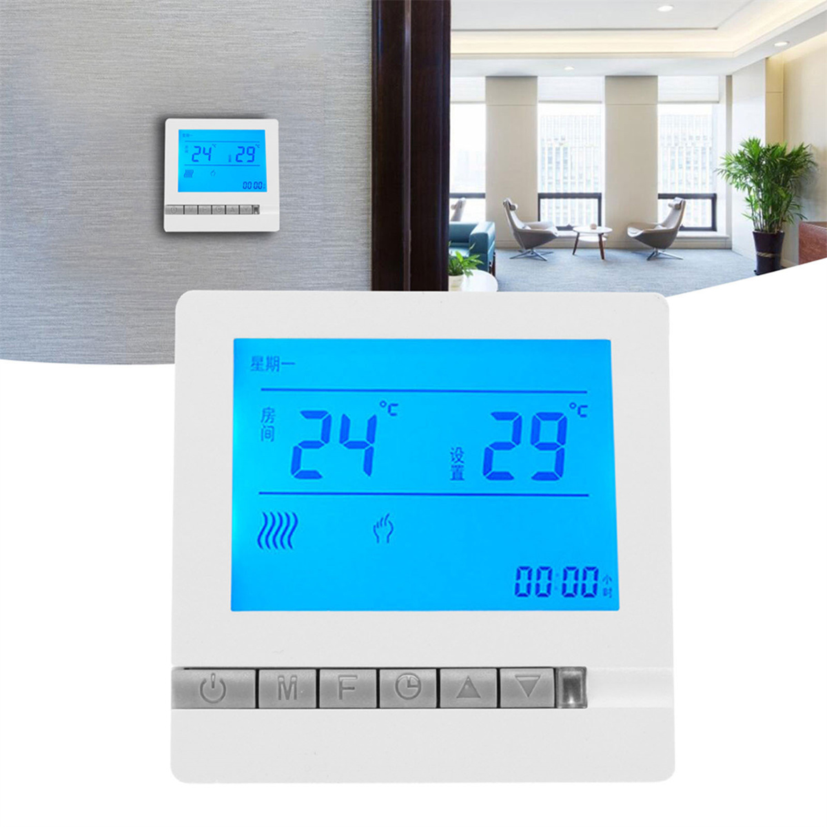 Ein Wandthermostat mit blauem Display, das 24°C und 29°C anzeigt, und ein größeres.