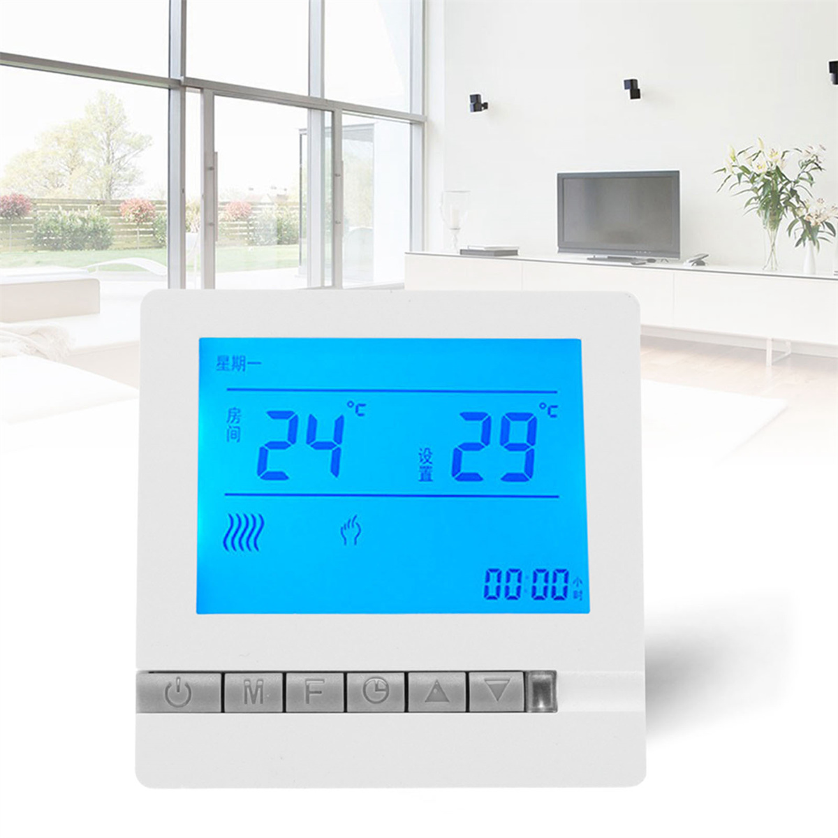 Digitales Thermostat, das die aktuelle und eingestellte Temperatur anzeigt, mit Steuertasten.