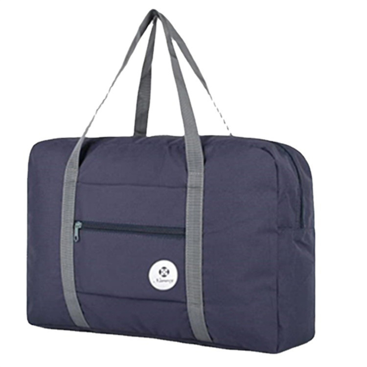 Eine marineblaue Reisetasche mit grauen Griffen und einer Reißverschlusstasche, isoliert auf weißem Hintergrund.