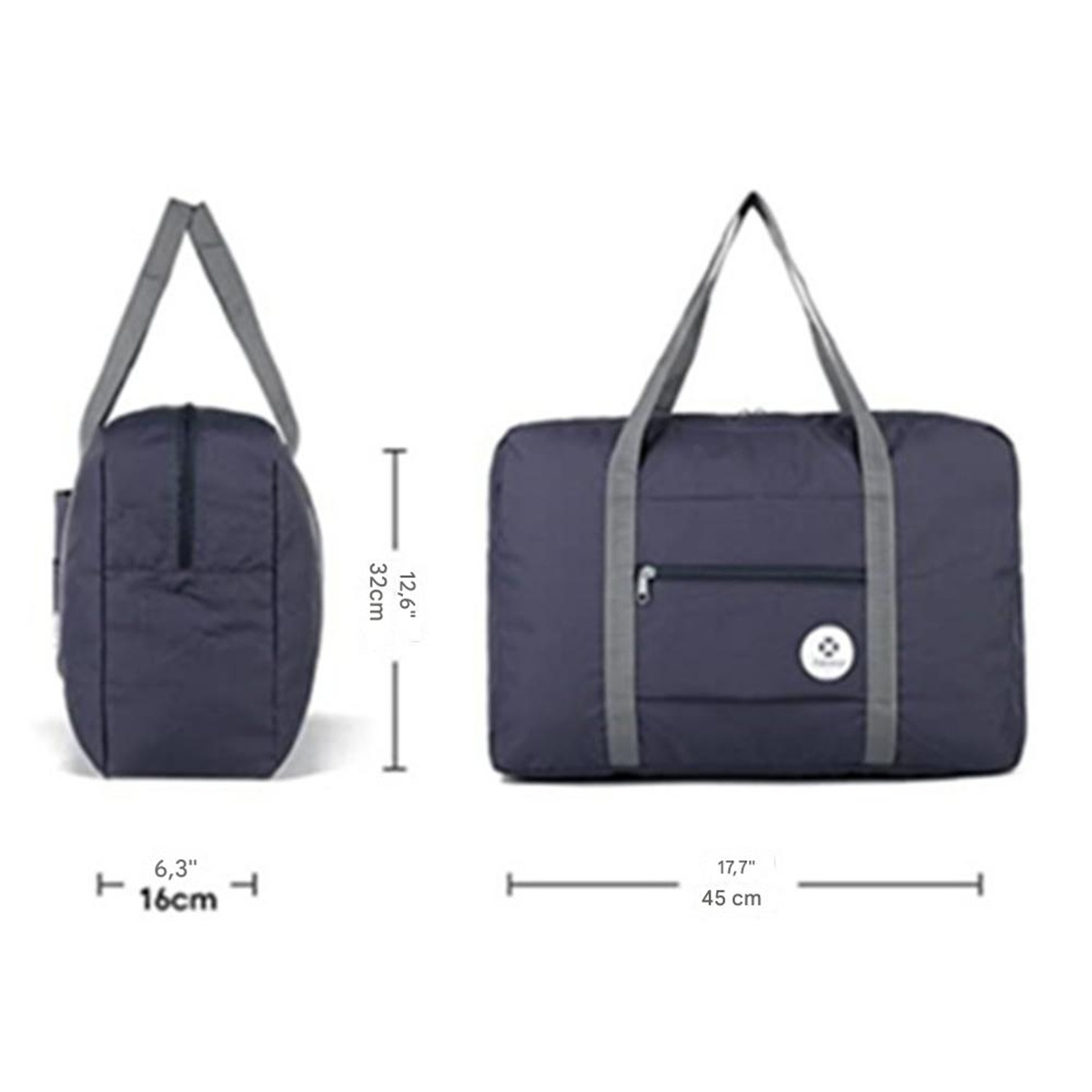 Zwei marineblaue Reisetaschen in verschiedenen Größen. Die Taschen sind gefaltet, haben Griffe und Maße.