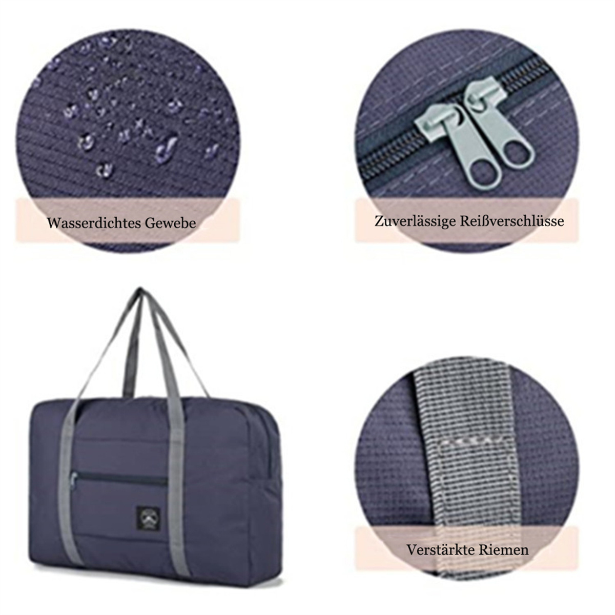 Details einer marineblauen Reisetasche mit Textetiketten.
