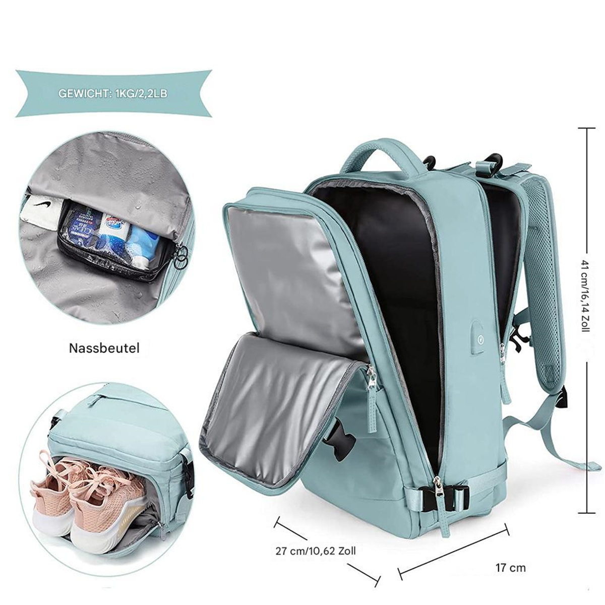 Ein hellblauer Rucksack mit offenen Fächern und Details, einschließlich einer Nasstasche, Maße werden angezeigt.