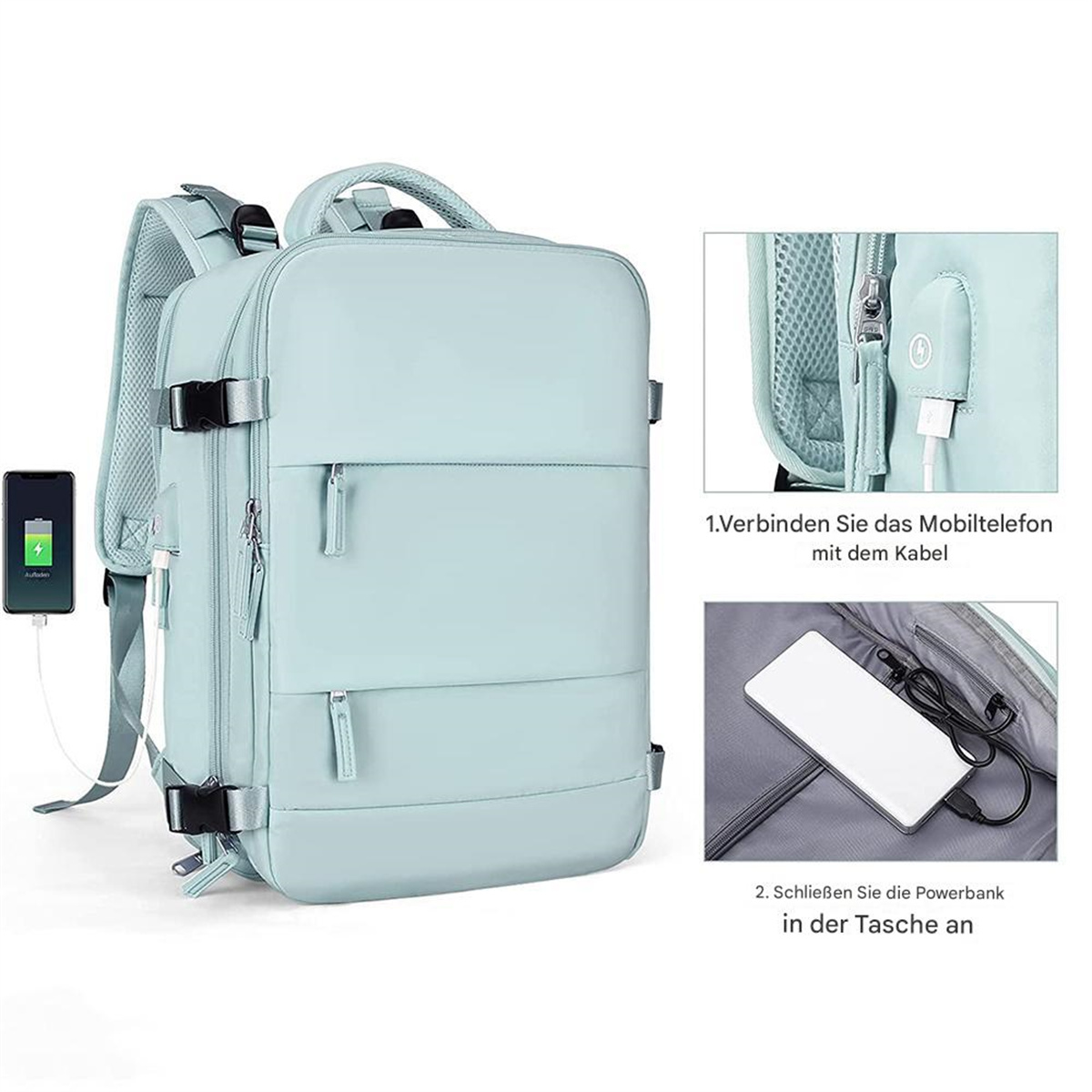 Rucksack mit Powerbank-Aufladung, mit Ladeanschluss-Illustration.