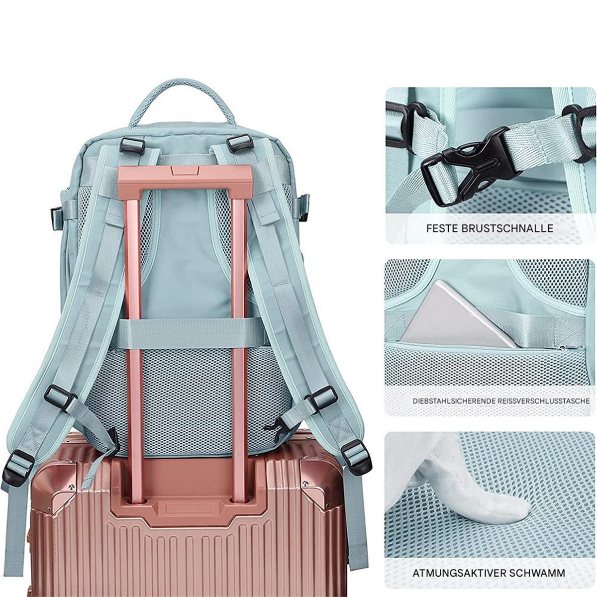 Hellblauer Rucksack auf einem rosa Koffer. Details umfassen Riemen, Schnallen und ein Netzrücken.