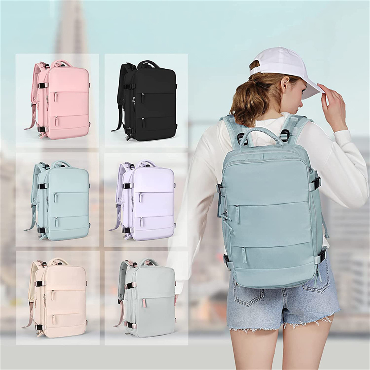 Eine Frau mit Rucksack, mit verschiedenen Rucksäcken links und einer Stadt im Hintergrund.