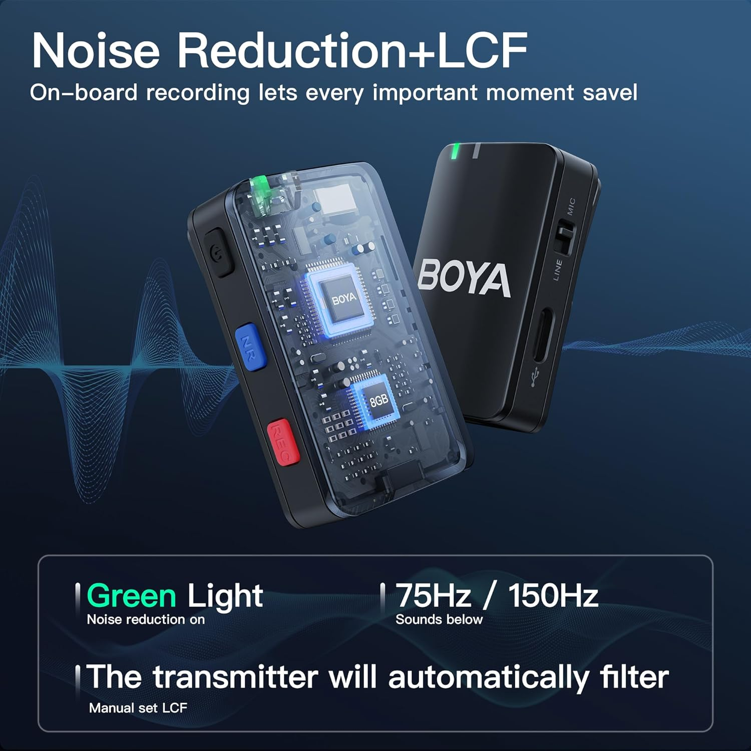 Due registratori audio neri, uno con schermo, testo sulla riduzione del rumore e 75/150Hz.