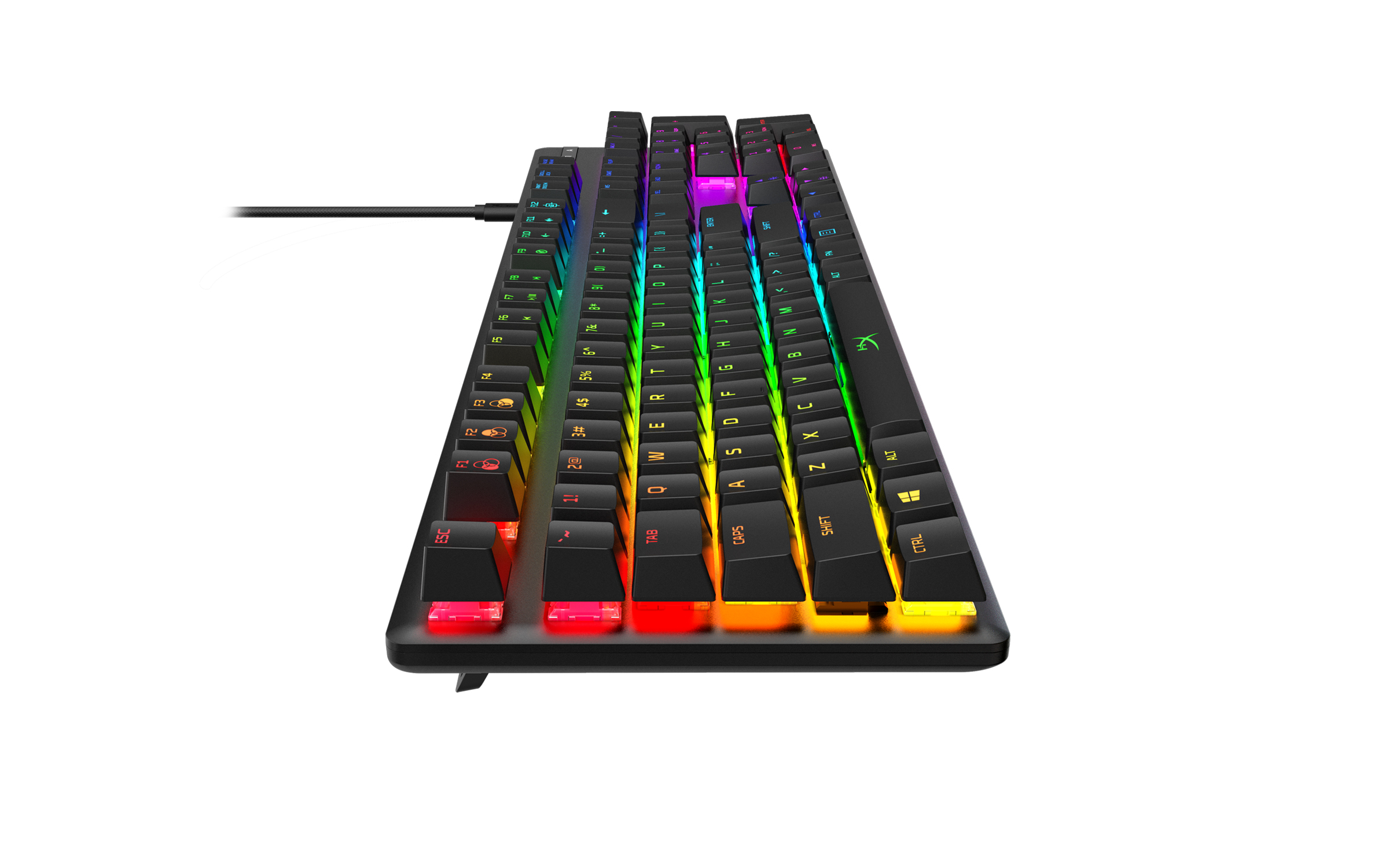 Una tastiera meccanica nera con tasti retroilluminati. I tasti sono un arcobaleno di colori, su sfondo bianco.