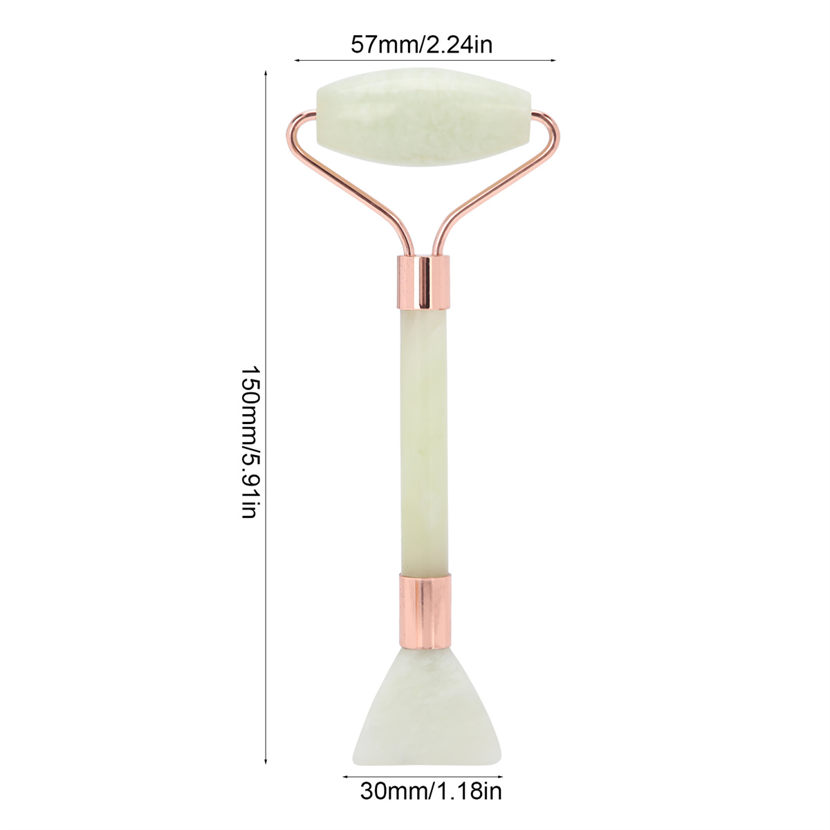 Eine Jade-Gesichtsrolle mit roségoldenen Akzenten. Sie hat Abmessungen von 150 mm/5,91 Zoll, 57 mm/2,24 Zoll und 30 mm/1,18 Zoll.