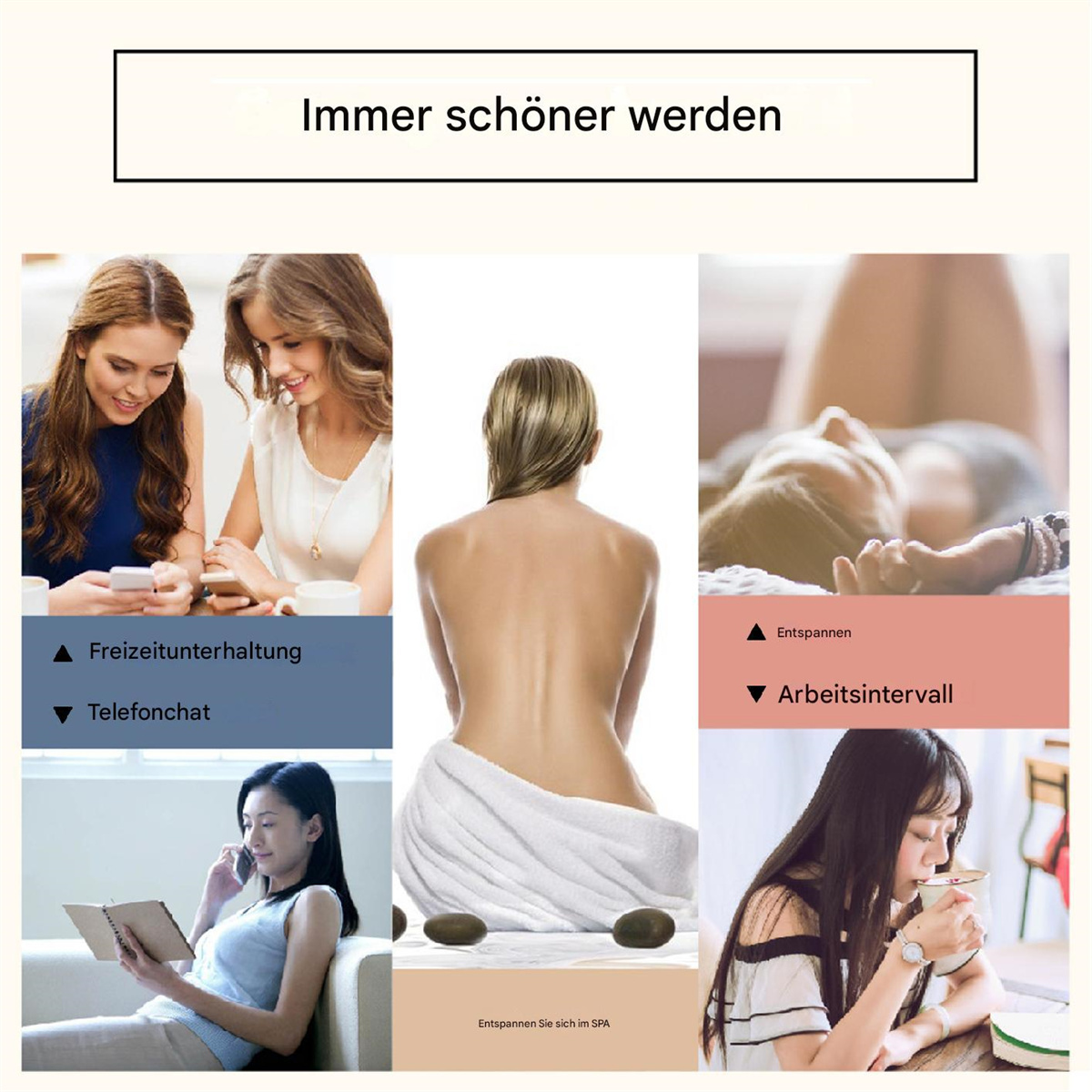 Eine Collage mit Frauen und einem Mann. Der Hauptfokus liegt auf dem Rücken einer Frau und dem Text: Immer schöner werden.