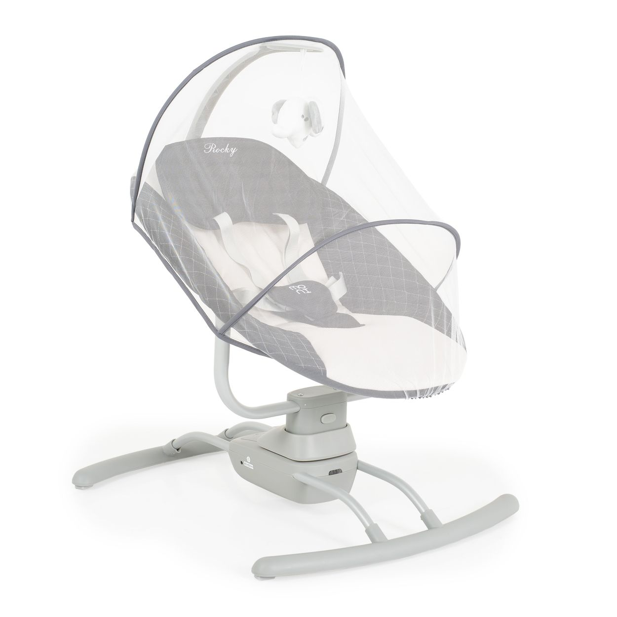 Eine Babywippe mit weißem und grauem Design, bedeckt von einem Moskitonetz, auf weißem Hintergrund.