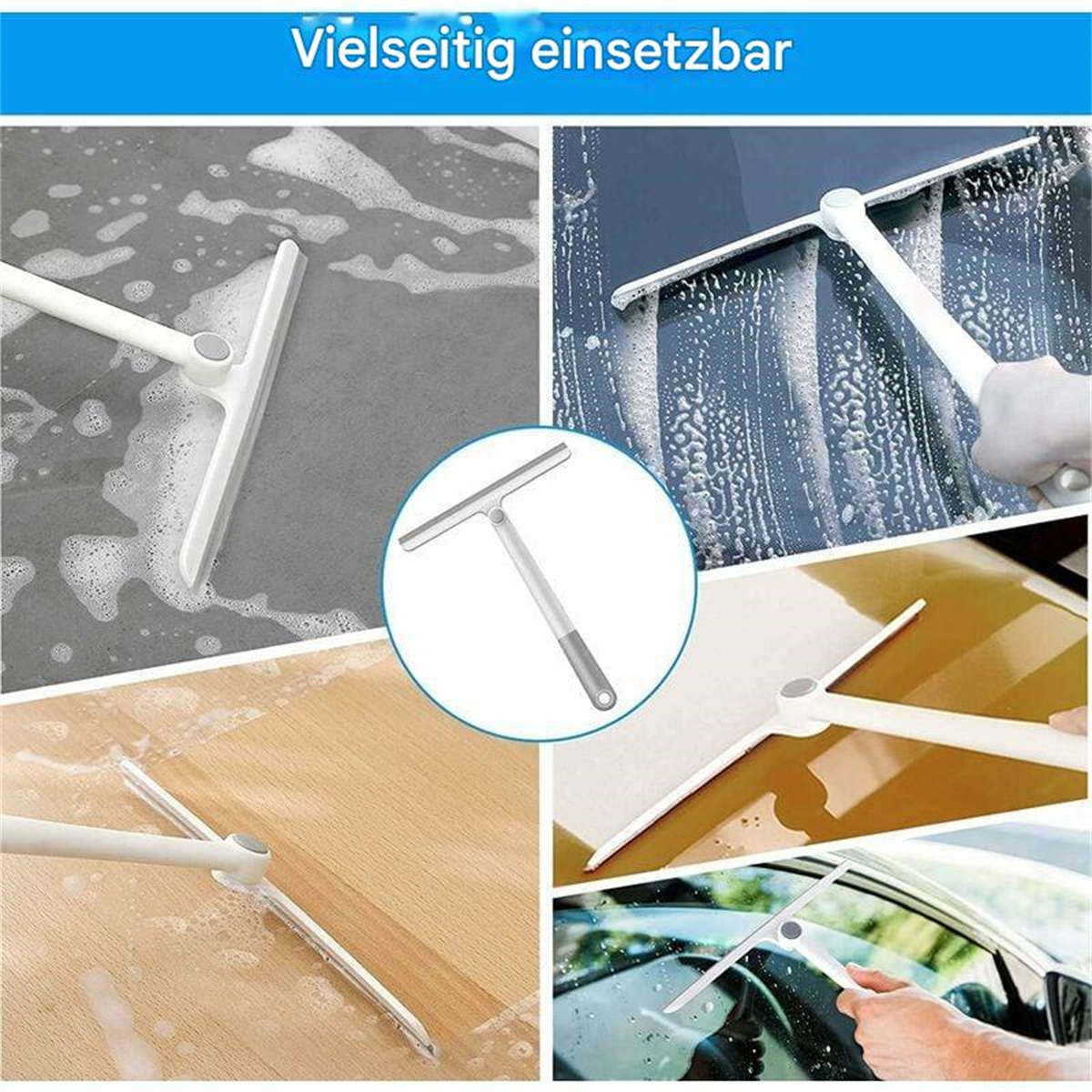 Mehrere Bilder eines Fensterreinigers, der auf verschiedenen Oberflächen verwendet wird, weißer Hintergrund.
