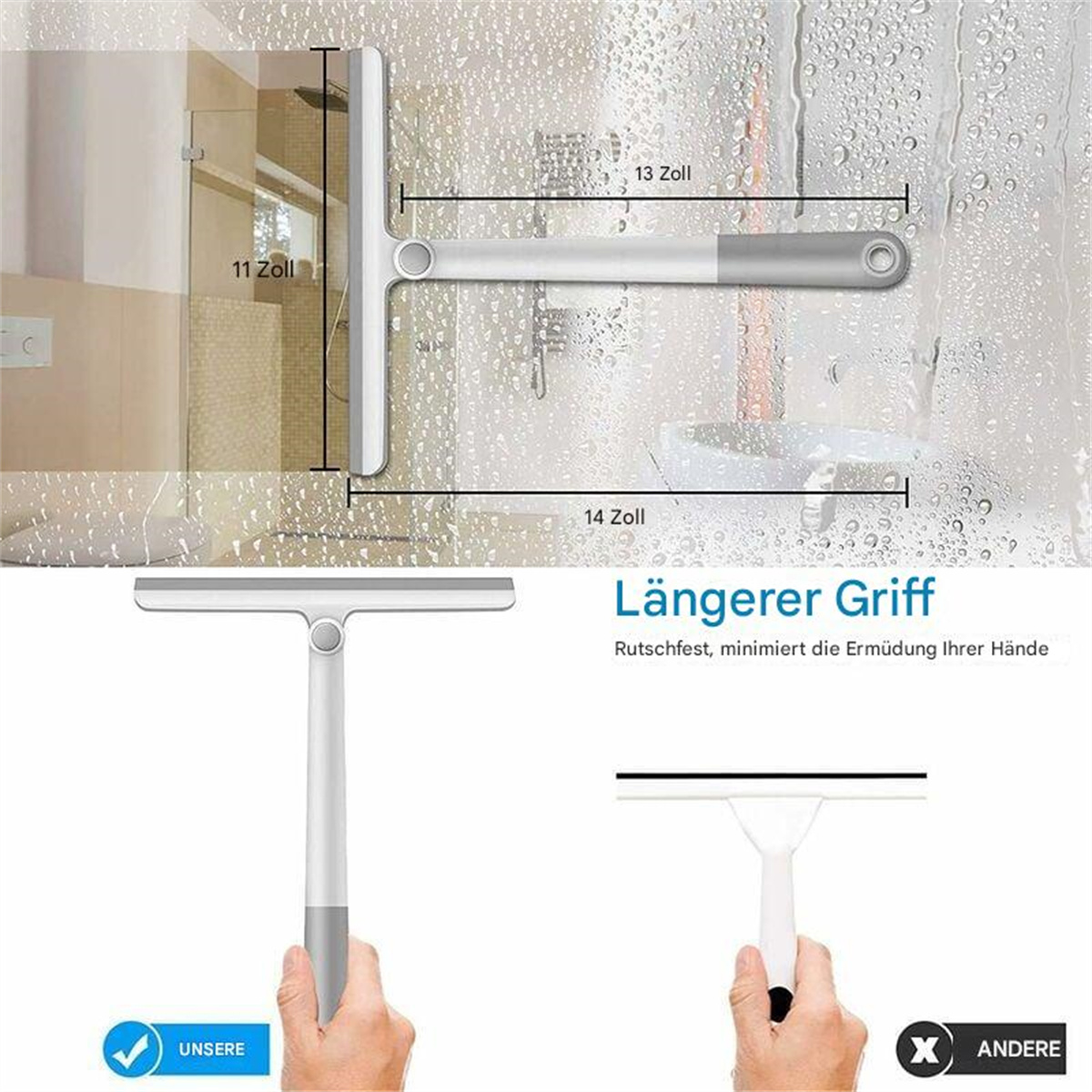 Duschabzieher, mit Maßen. Text: 'Längerer Griff'. Eine Hand hält einen.