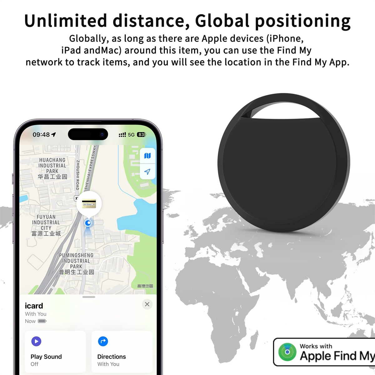 Smartphone mit Karte. Schwarzer runder Tracker auf einer Weltkarte. Text: Unbegrenzte Entfernung, globale Ortung.