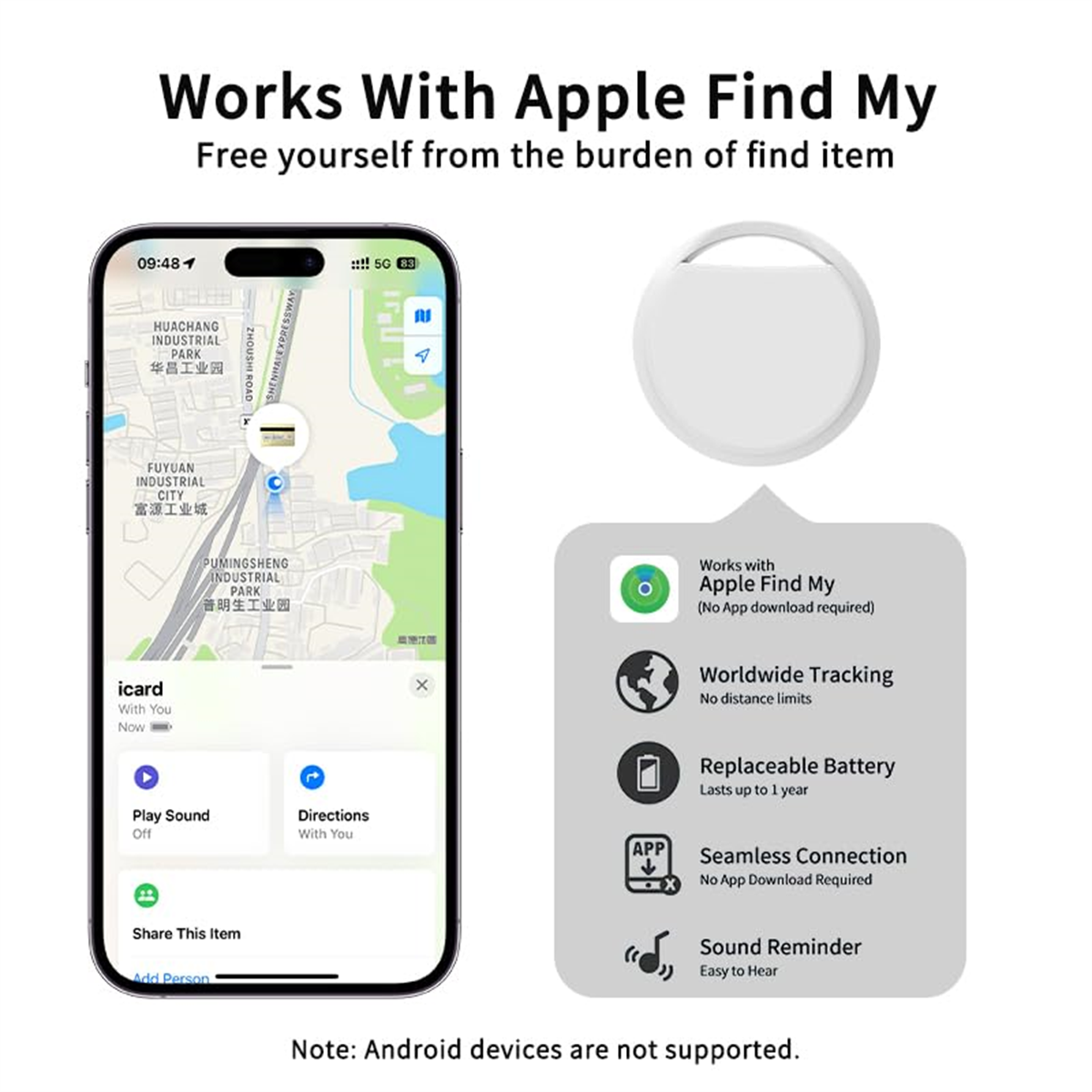 Ein Smartphone zeigt eine Karte und einen Item-Tracker, einen weißen runden Tracker und Funktionssymbole.