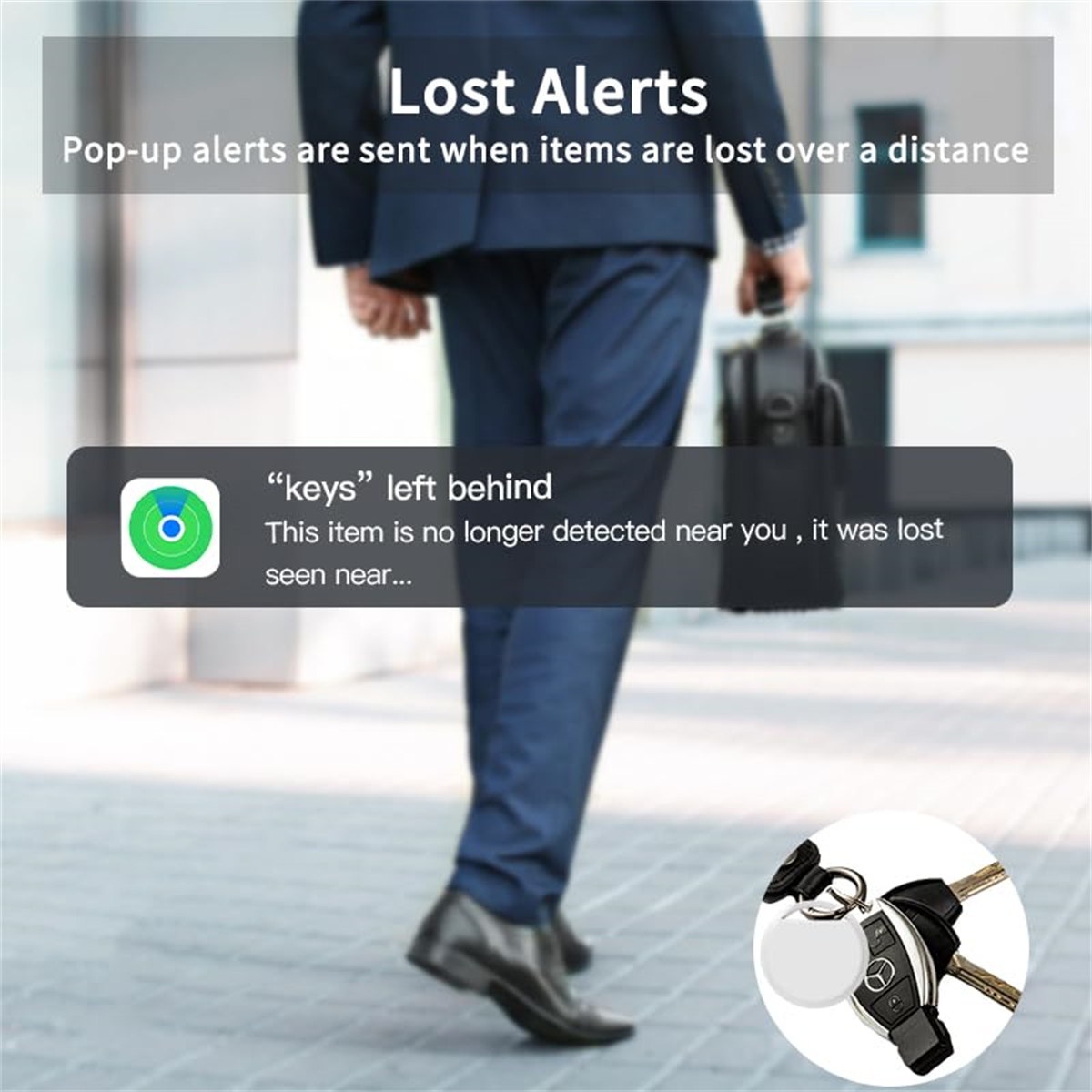 Ein Mann geht mit einer Aktentasche, und eine Benachrichtigung auf dem Telefon über verlorene Schlüssel.