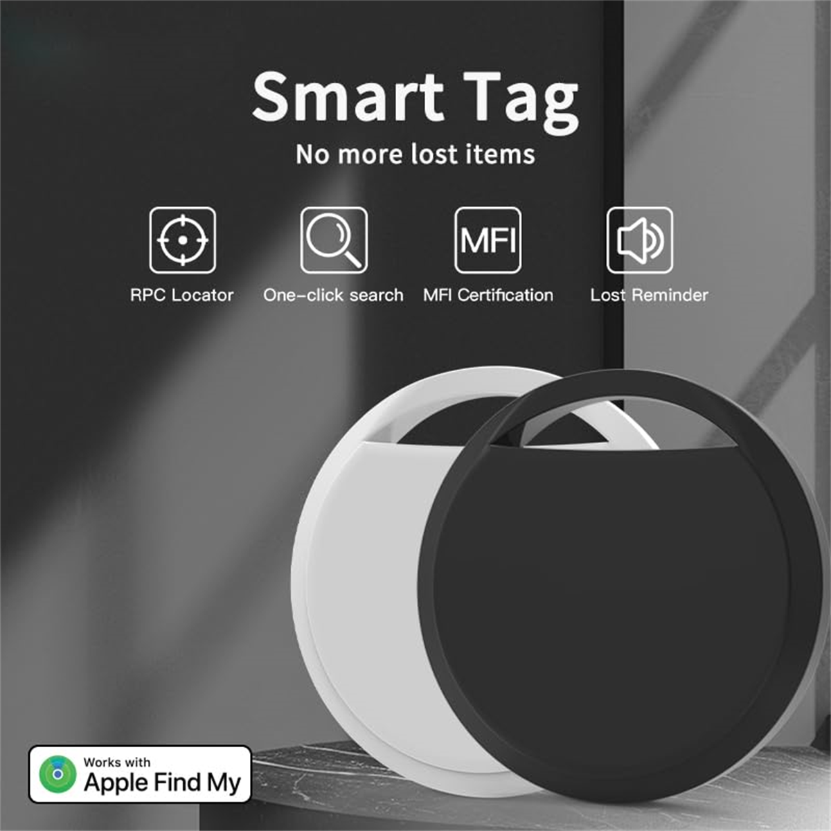 Schwarzer und weißer Smart-Tag mit Symbolen und Text. 'Smart Tag', 'Keine verlorenen Gegenstände mehr', RPC-Locator-Symbole.