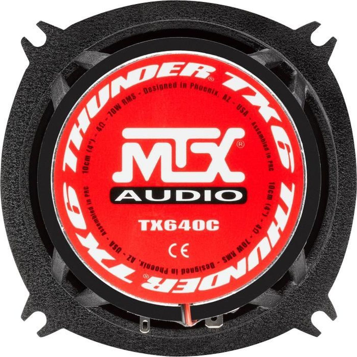 MTX Audio Lautsprecher, schwarz mit rot-weißem Logo.